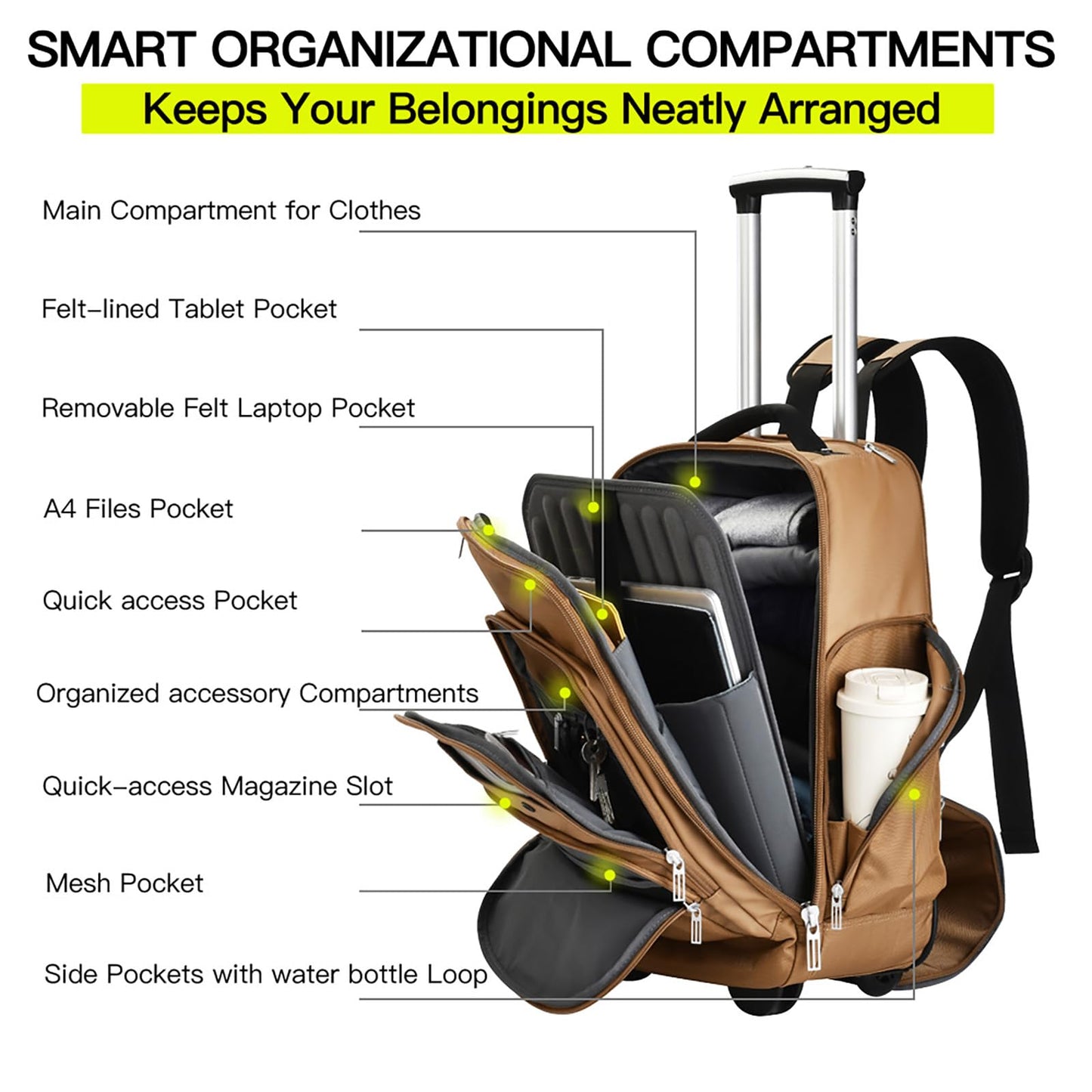 Rolling Laptop Bag with Wheels, Adjustable 13-17.3 Inch Computer Travel Backpack for Men & Women, Wheeled Work Bag, Carry-on Luggage