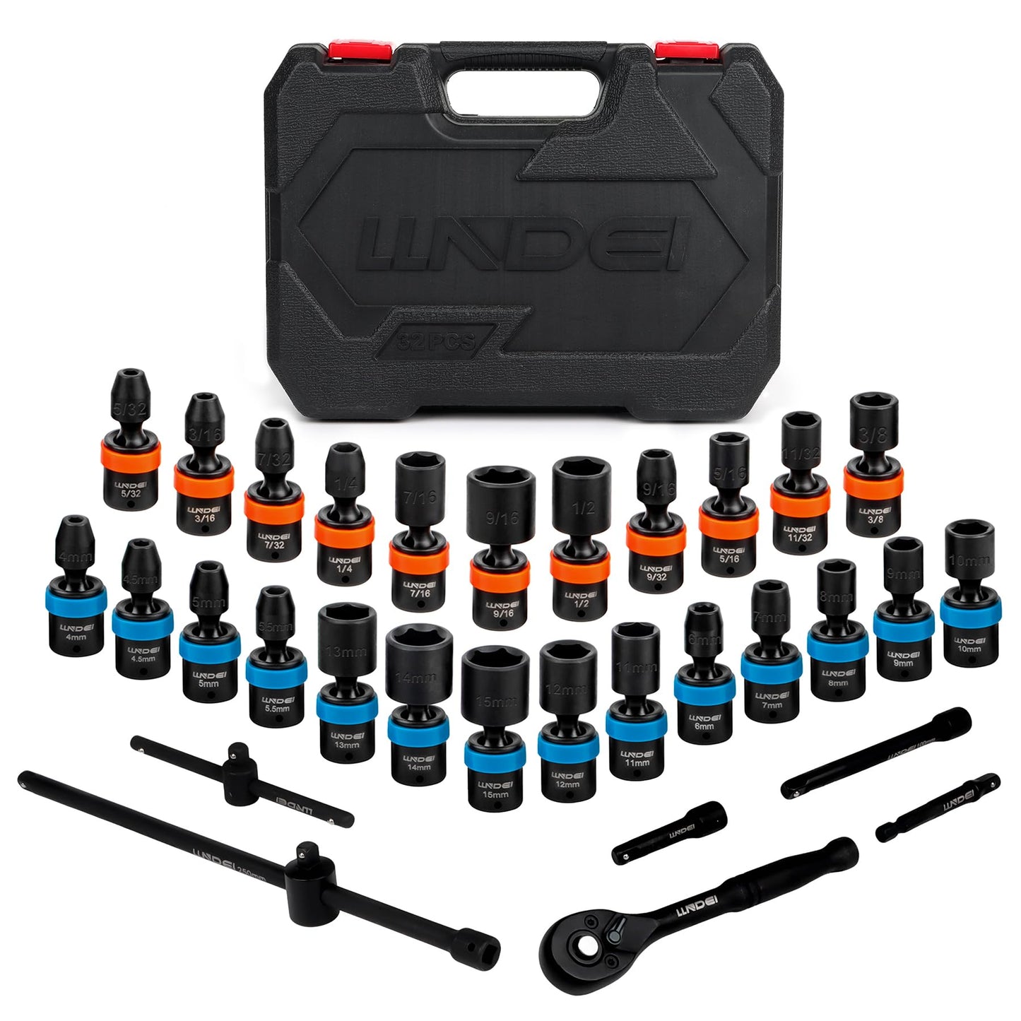 LLNDEI 1/4-Inch Drive Swivel Socket Set, 32 Pieces Standard SAE(5/32 to 9/16") Metric Size(4-15mm) CR-MO Wobble Sockets, 6 Point with Ratchet Wrench Handle, Extension Bars and Adapter