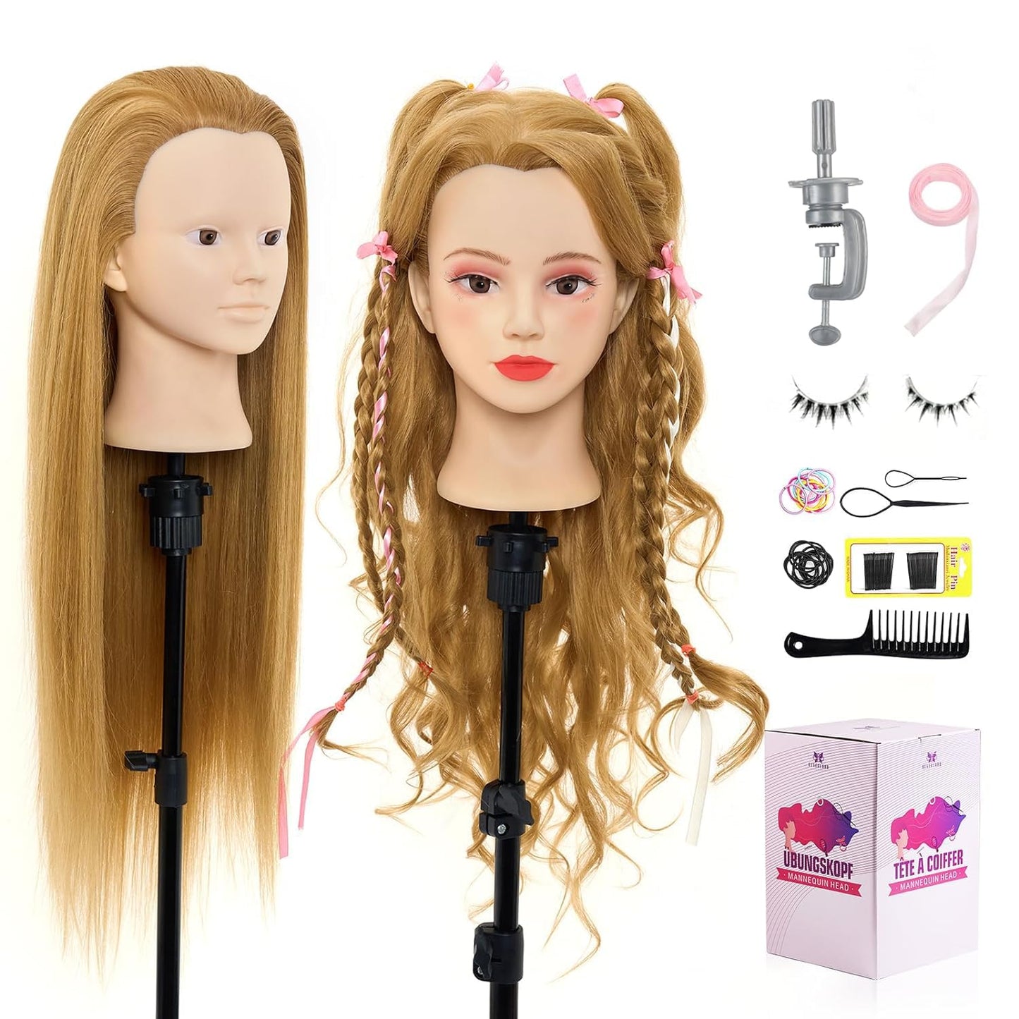 Neverland Beauty Mannequin Head with 60% Real Human Hair, 26 Inch Makeup Cosmetology Mannequin Doll Head for Hair Styling, Training Practice Braiding Manikin Head with False Eyelashes Hair Styling Set