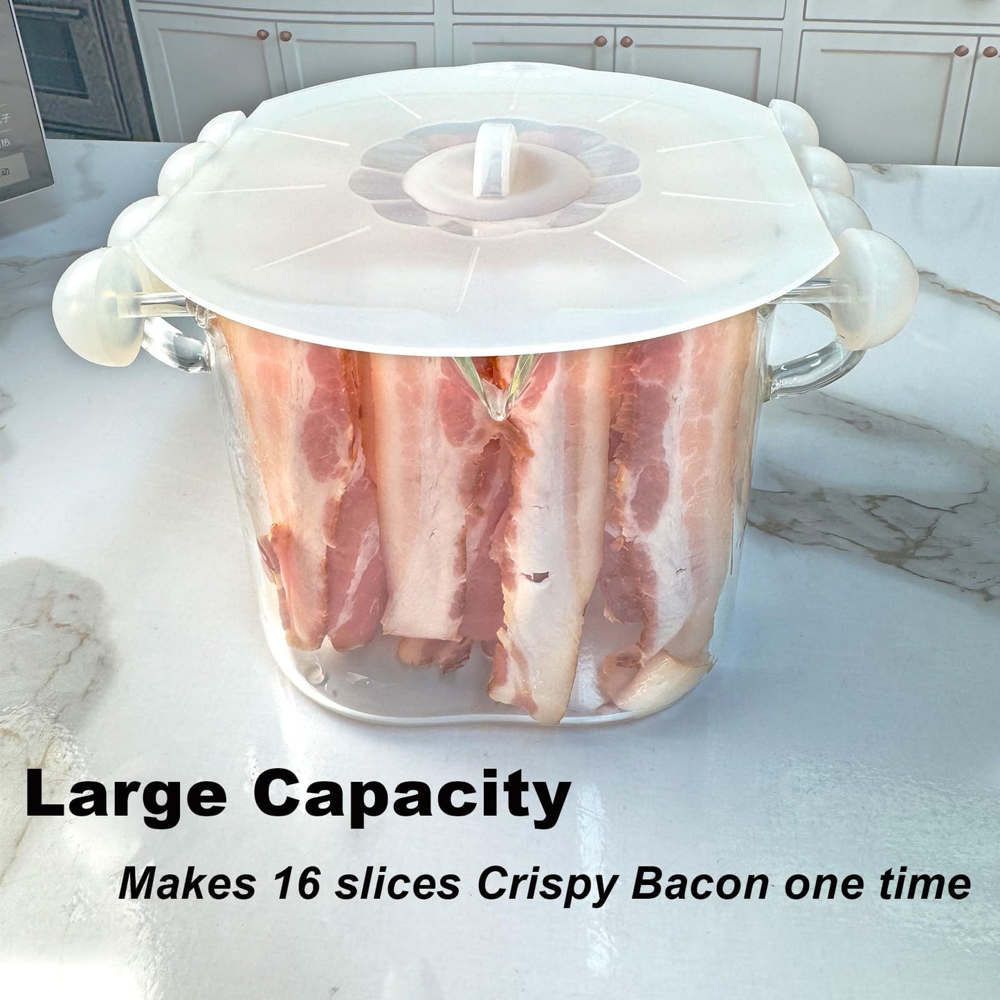 Glass Microwave Bacon Cooker, Silicone Lid, 4 Glass Skewers, 100oz
