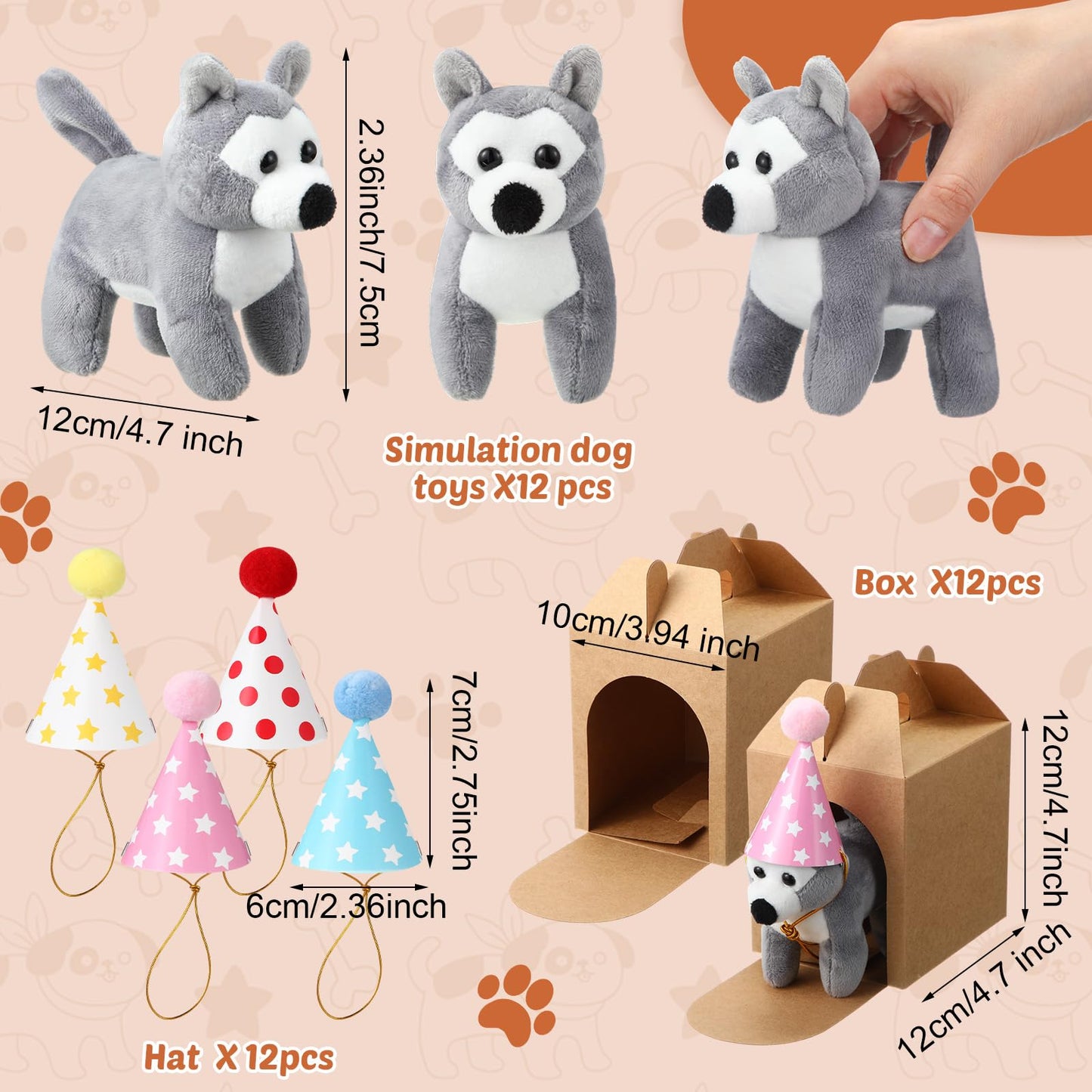 Simgoing 12 Set Mini Plush Toy Stuffed Animals Adopt a Dog Set with 12 Stuffed Dogs 12 Kraft Paper Boxes 12 Birthday Hats for Boys and Girls Animal Theme Birthday Party Favors(Brown)