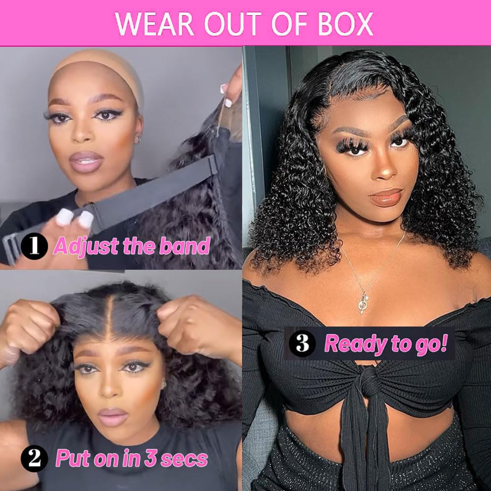 virginess Wear and Go Glueless Wigs Human Hair Pre Plucked Pre Cut Deep Wave Curly Bob Wig Human Hair Lace Front Wigs for Black Women 4x4 Lace Closure Human Hair Bob Wigs Glueless 14 Inch