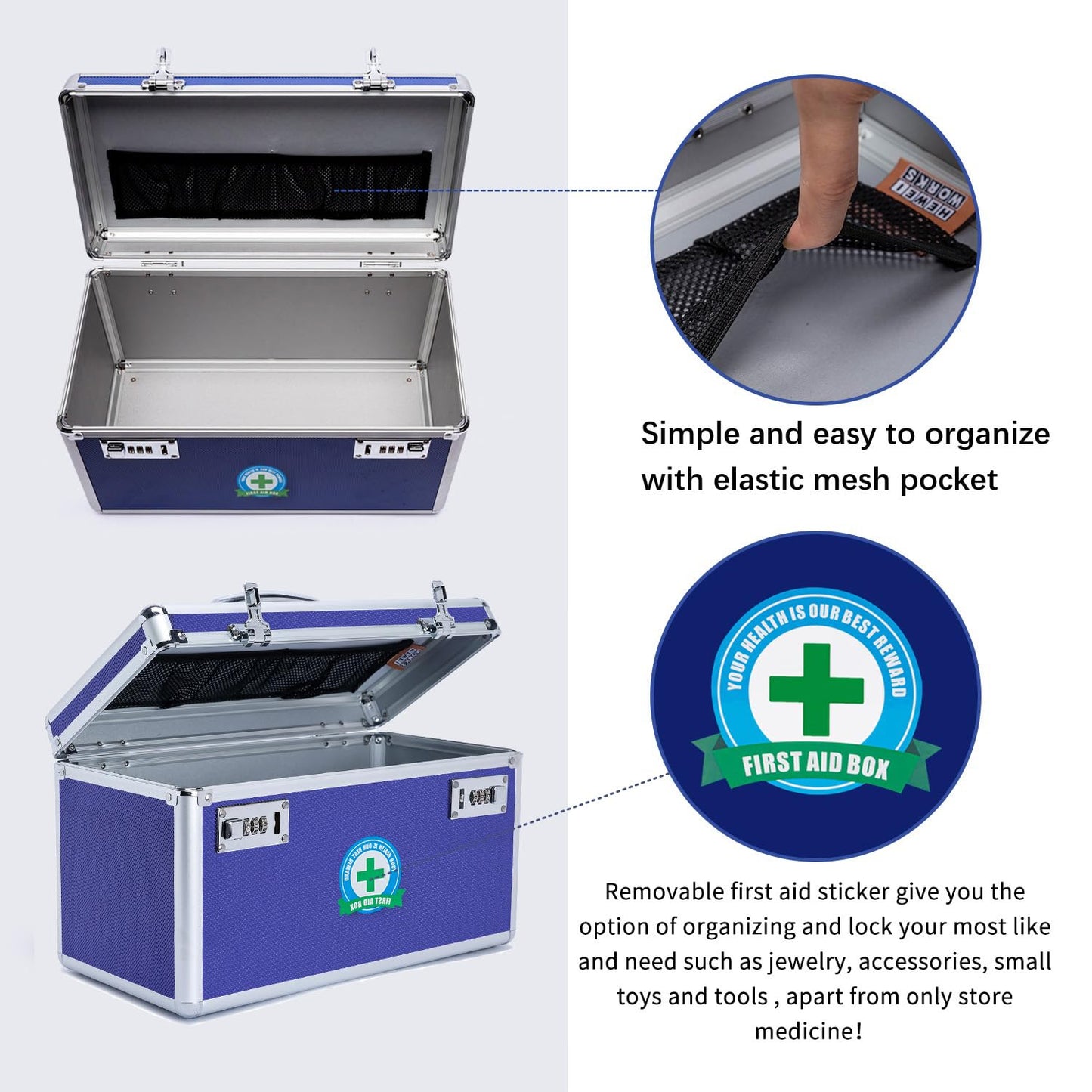 HEWEI WORKS Lockable Medication Box with Portable Storage Case, 14.2''x 7.2''x 8.2'', Childproof Medicine Lock Organizer, Locked Empty First Aid Storage Case (Blue/Large)