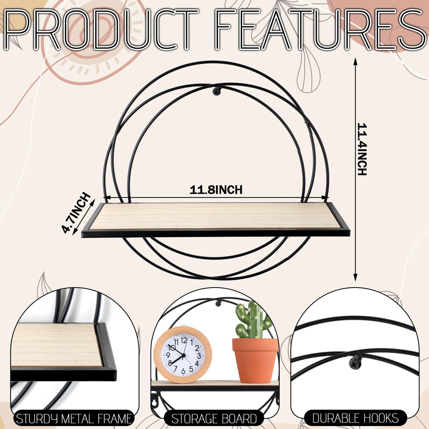 Yaocom 3 Pcs Floating Shelves Wall Mounted Hanging Shelf with Metal Wire and Wood, Foldable Round Shelf Wall Decor for Storage Bedroom Bathroom Living Room Kitchen Office Home Decoration (Black)