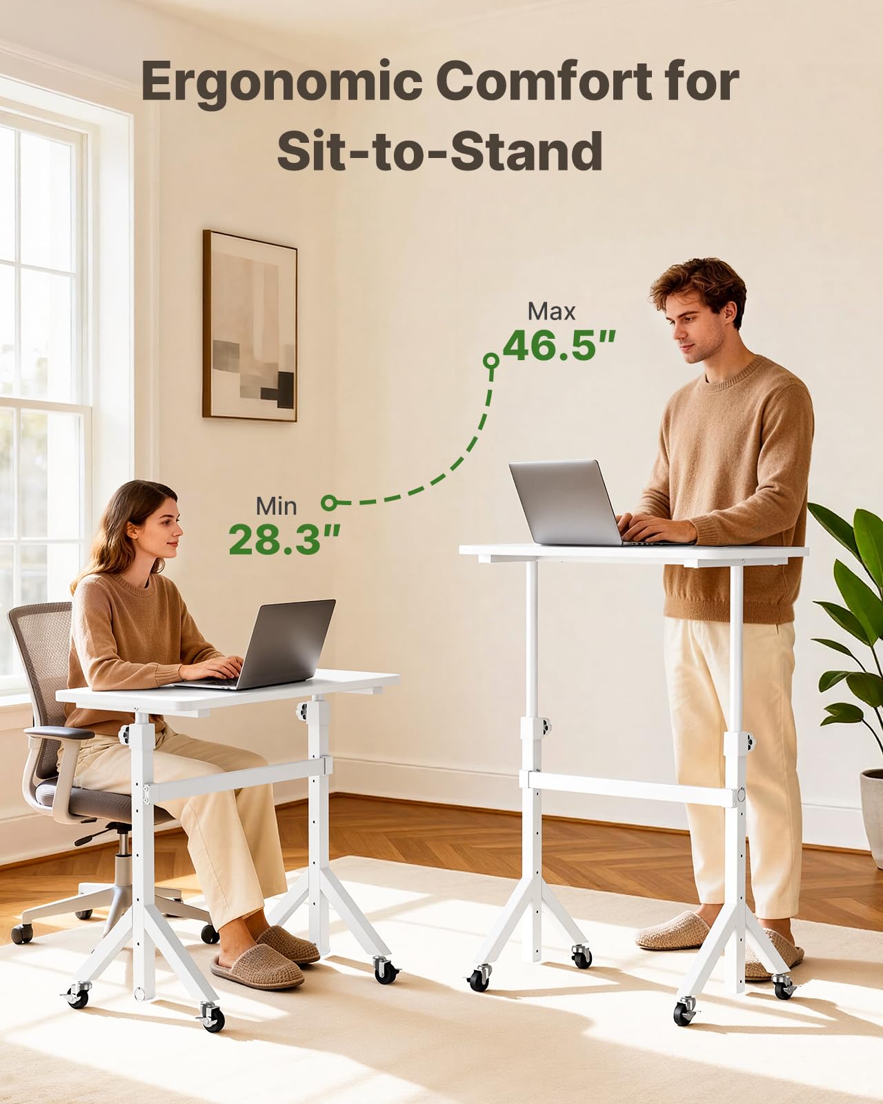 Marsail Mobile Stand Up Desk with Wheels, Adjustable Height Desk from 28.3″ to 46.5″, Rolling Standing Desk with Lockable Wheels, Portable Small Desk for Walking Pad and Treadmill, White