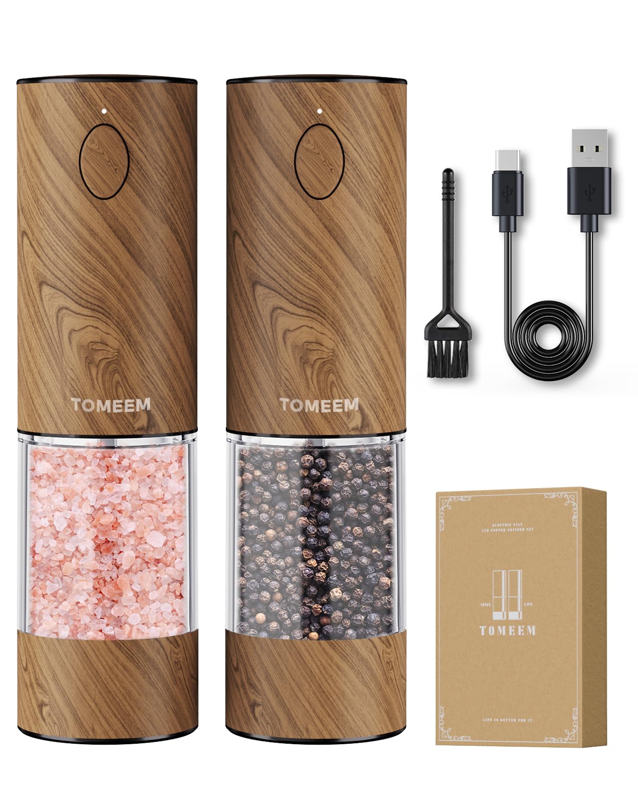 TOMEEM Upgraded Larger Capacity Electric Salt and Pepper Grinder Set Rechargeable with LED lights, Stainless Steel Automatic Pepper and Salt Grinder Refillable with 5 Adjustable Coarseness Wood Grain