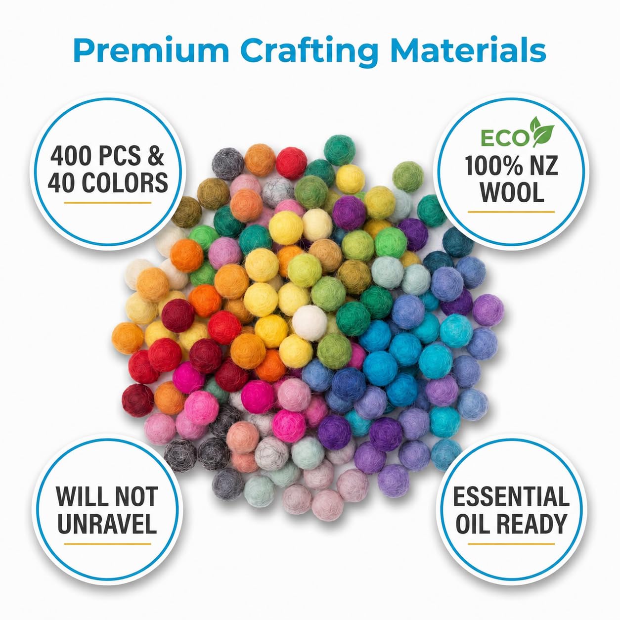 Glaciart One Wool Felt Balls Super Small (400 Pieces) 0.5 Centimeter - 0.2 Inch, Tiny Handmade Felted 40 Color (Red, Blue, Yellow, Black, Pastel and More) Bulk Small Puff for Felting and Jewelery