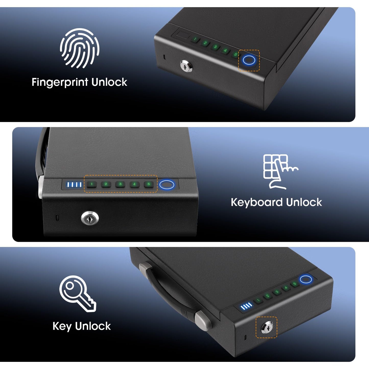 Biometric Fingerprint Gun Safe for Handgun, 3 Quick Access Methods, with Fingerprint/Digital PIN/key, suitable for bedside cabinets, wardrobes, and handgun safes in cars