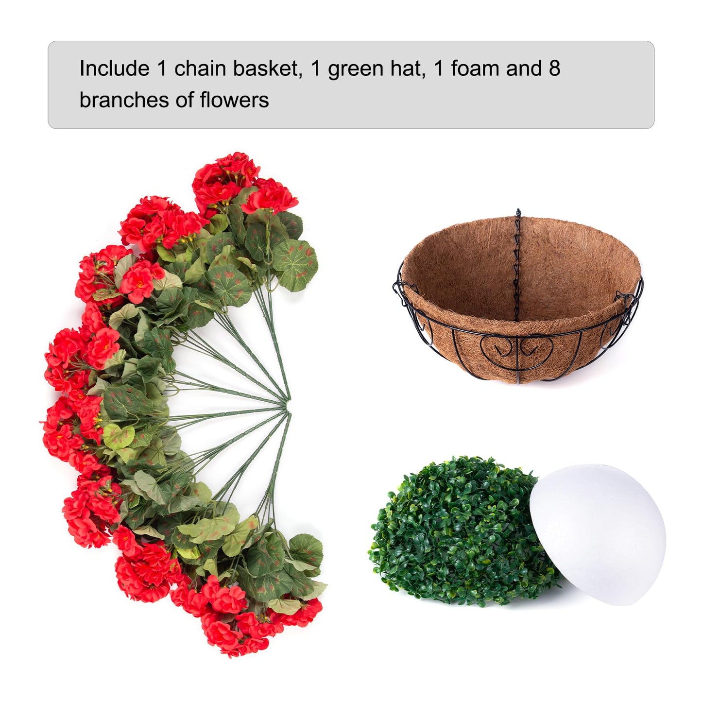 INSPRING Geraniums Artificial Flowers Hanging Basket for Outdoors Outside Spring Decoration, 8 Bundles Silk Flowers Fake Plants Look Real UV Resistant for Porch Home Patio Balcony Yard, Red