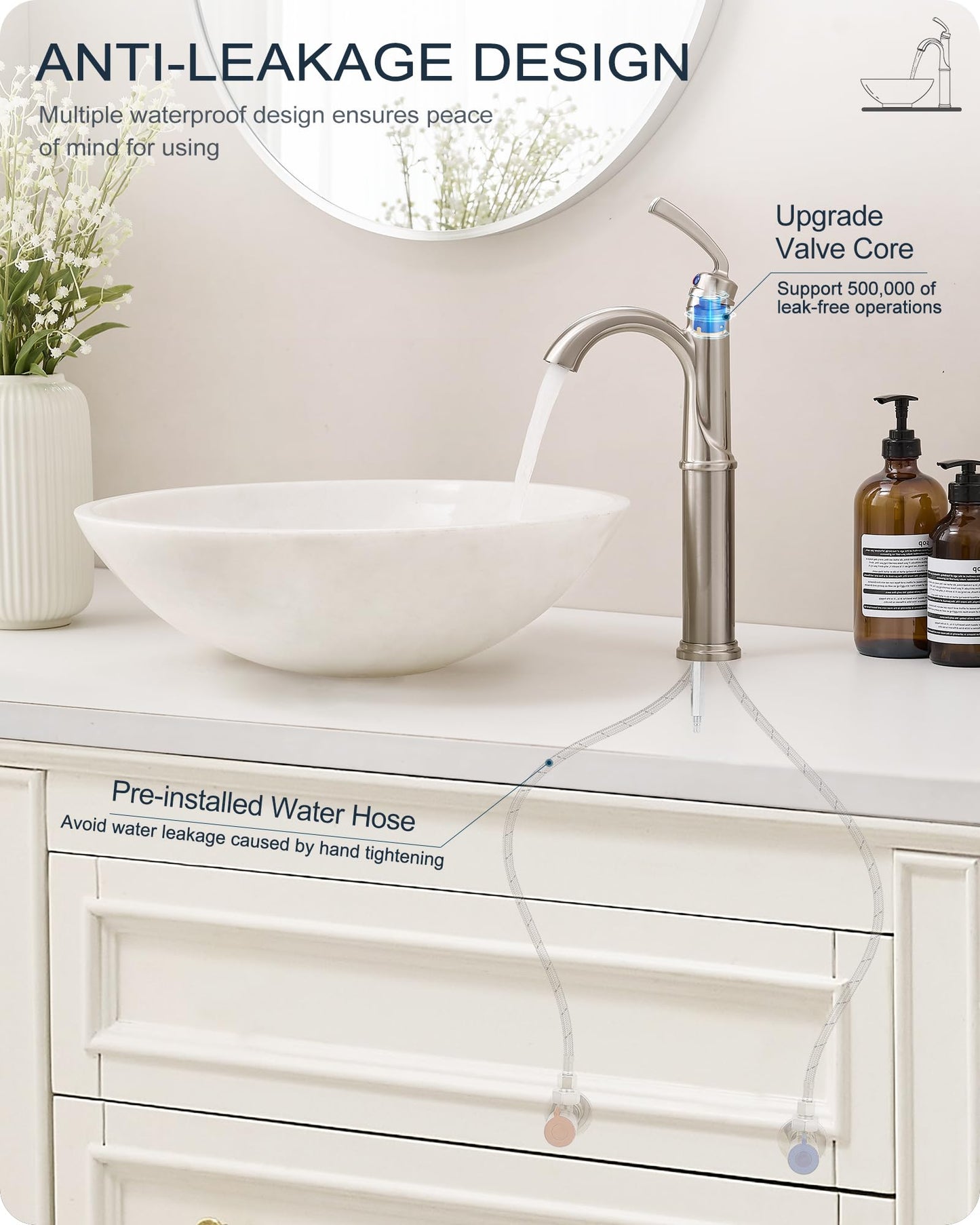 HOIGY Brass Vessel Faucet Brushed Nickel, 1 Hole Tall Faucet for Bathroom Sink with Single Handle, Pop Up Drain & cUPC Water Hoses, Classic Aerator Style for Vessel Sink, 5 Mins Quick Installation