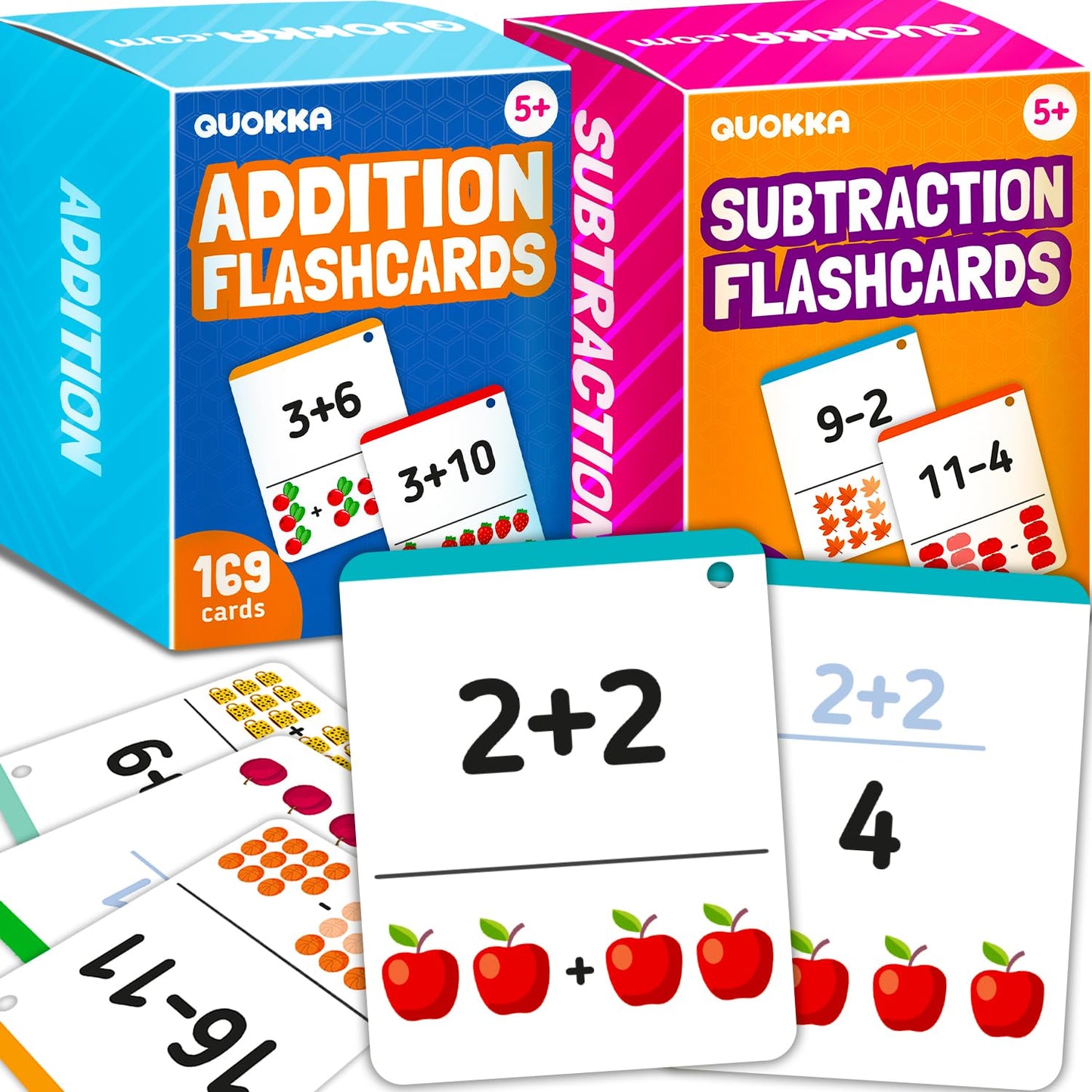 QUOKKA Math Flash Cards for Toddlers 3-4 - 338 Addition and Subtraction Educational Toddler Flash Cards for Preschool Learning - Flashcards with Visual Aids and Rings for 1st to 3rd Grade Classroom
