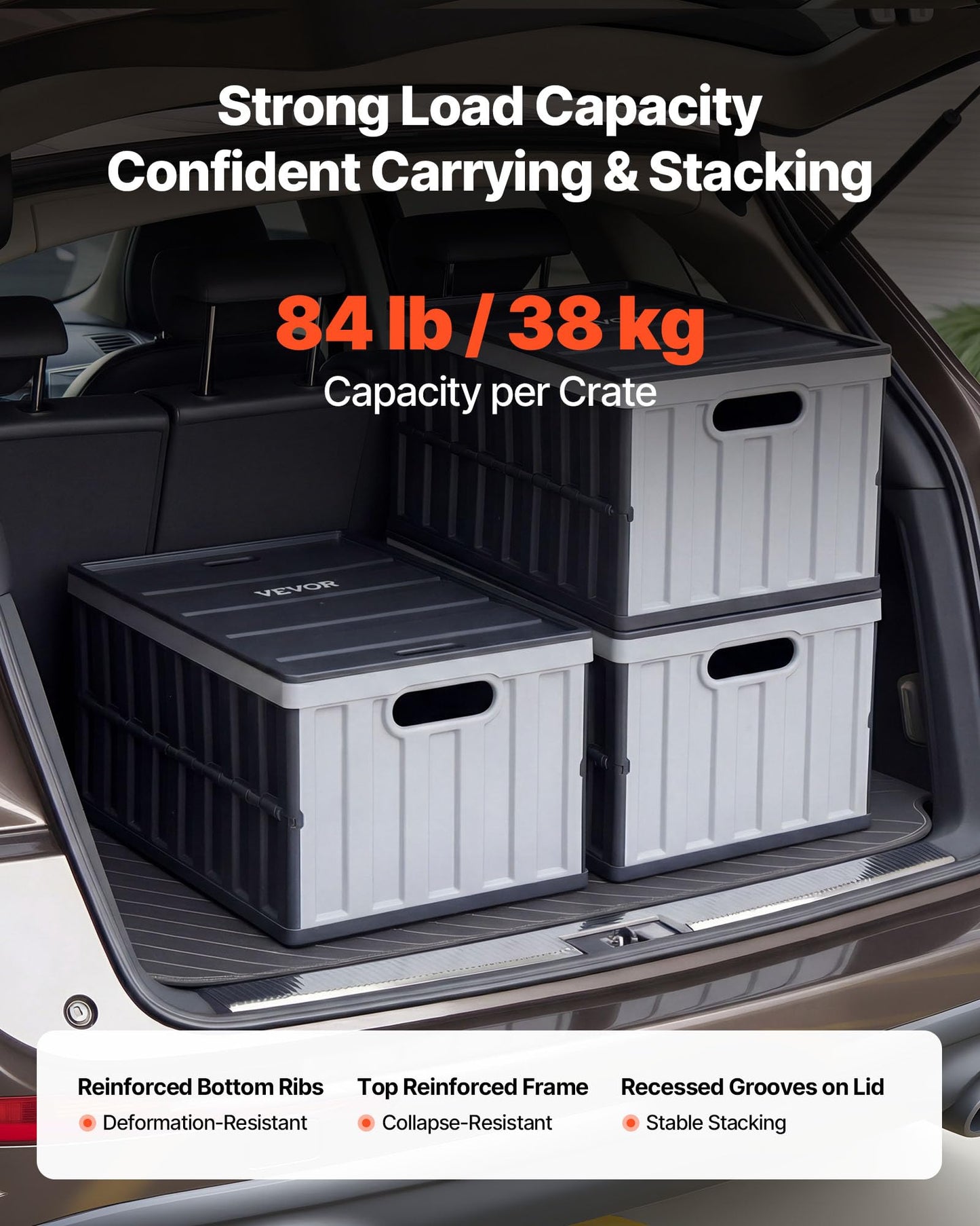 VEVOR Plastic Collapsible Storage Bins with Lids, 65L 3 Packs, Stackable Folding Storage Crates with Handles, Holds 84 lbs Per Bin, Heavy Duty Containers, Space-Saving Baskets, for Home Organizing