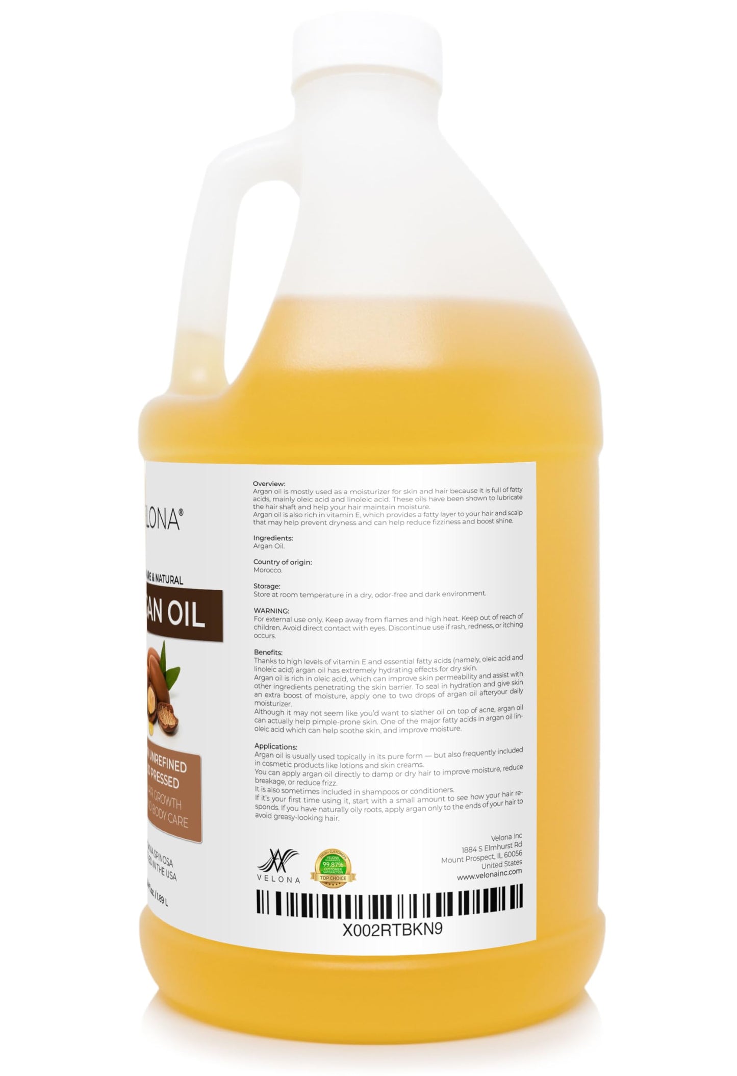 velona Argan Oil - 64 Fl Oz | 100% Pure and Natural | Morocco Oil | Stimulate Hair Growth, Skin, Body and Face Care | Nails Protector | Unrefined, Cold Pressed