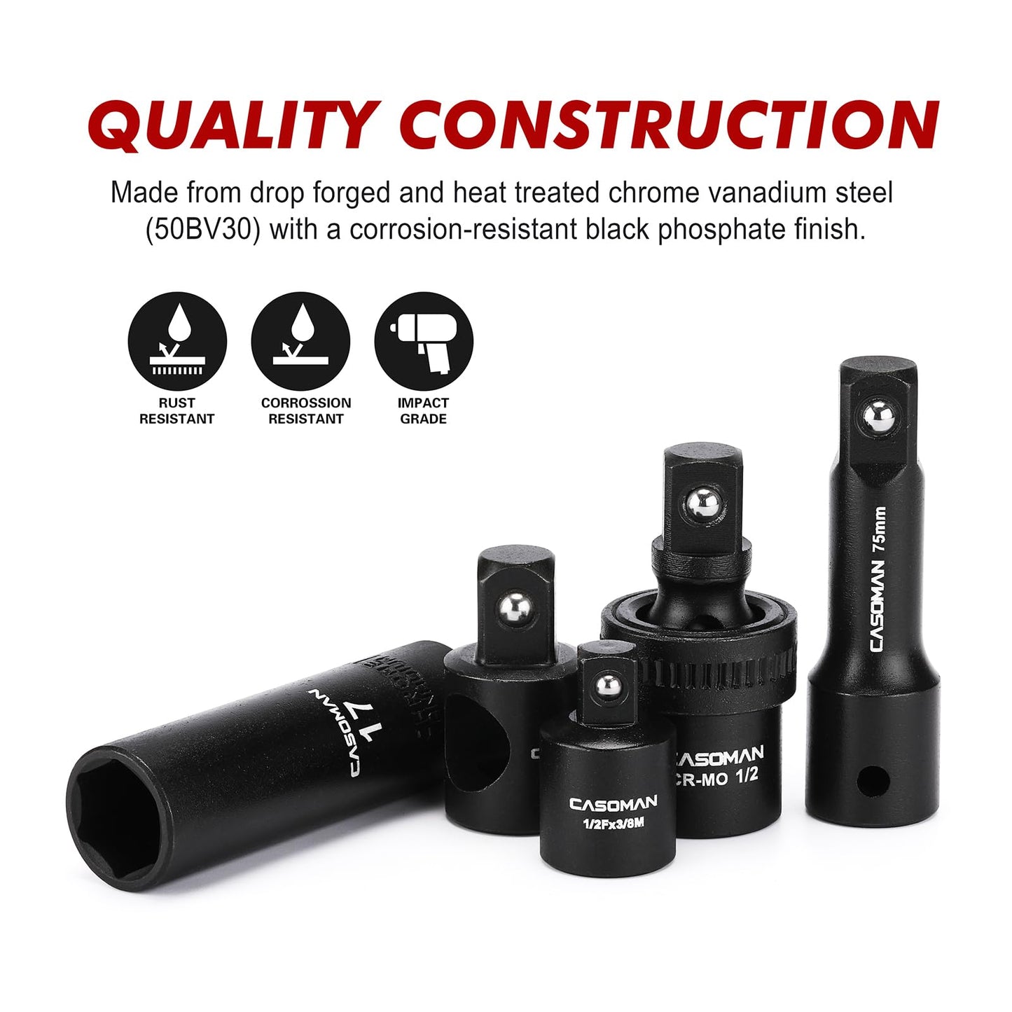 CASOMAN 1/2" Drive Master Impact Socket Set, 38 Piece Deep, Standard SAE (3/8" To 1-1/4") & Metric (10-32 mm) Sizes, Includes Extension Bar (3, 5, 10-inch), Adapters & Ratchet Handle, CR-V