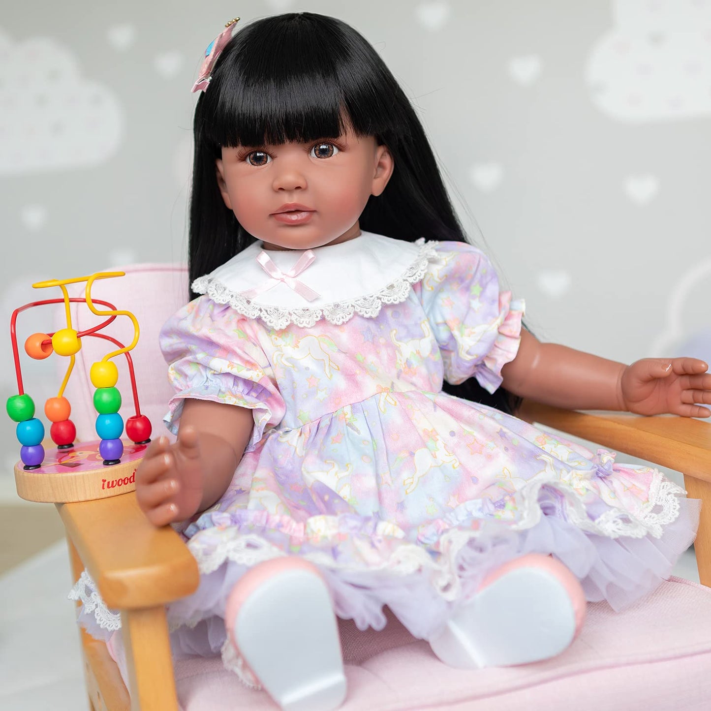 KOKOMANDY Lifelike African American Reborn Baby Dolls Black Girl 24 inches Toddler Doll Handamde Realistic Silicone Reborn Doll Weighted Body with Long Black Hair Toys for Kids