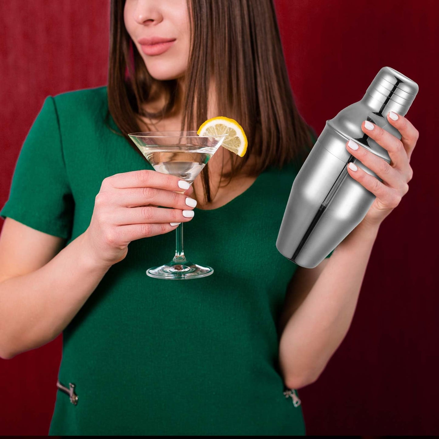 Nitial 9 Pcs Bar Cocktail Shaker Professional Stainless Steel Martini Drink Mixer with Built-in Strainer for Bartending No Leaks Boston Shaker for Bar Party Drink Mixing Tool(11.8 oz)