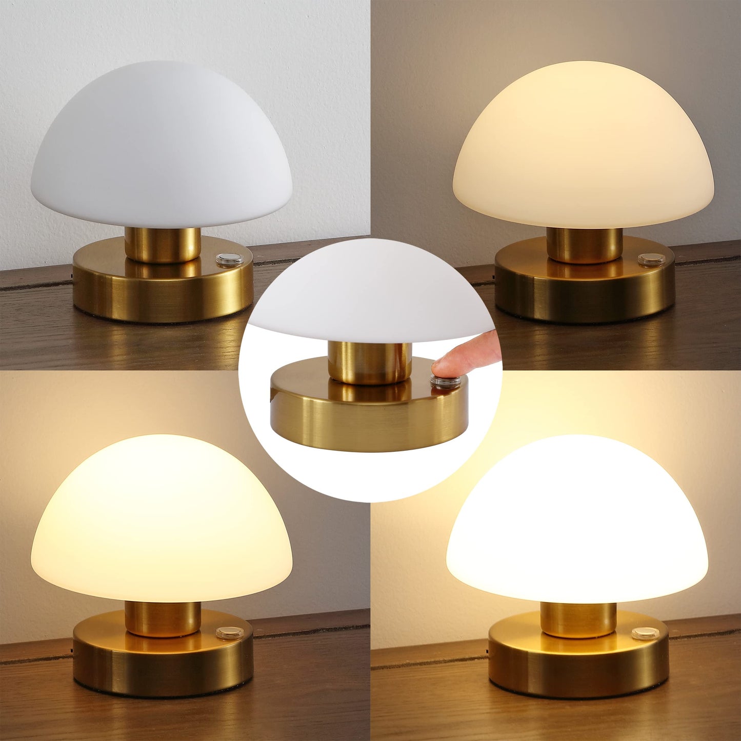 JONATHAN Y 5.75" Brass Gold/White Rechargeable Portable LED Table Lamp, Cordless Mushroom Accent Light for Bar, Nightstand, with Frosted White Glass Shade (JYL7113C)