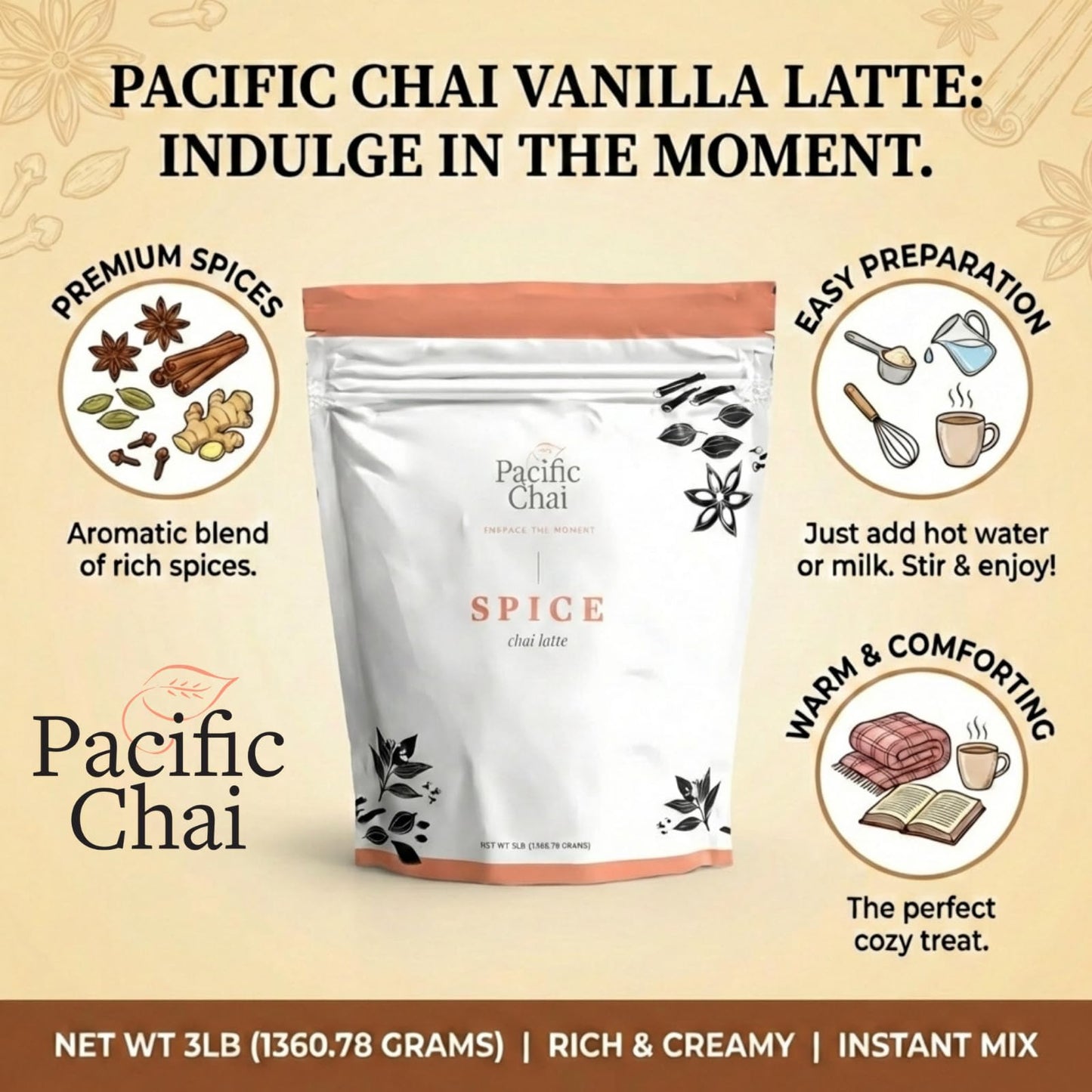 Pacific Chai Spiced Chai Latte Mix, Instant Chai Tea Latte Drink Mix, Gluten Free, Kosher Certified Powder Beverage, Café Style Chai Latte, 3 LB (Pack of 2)