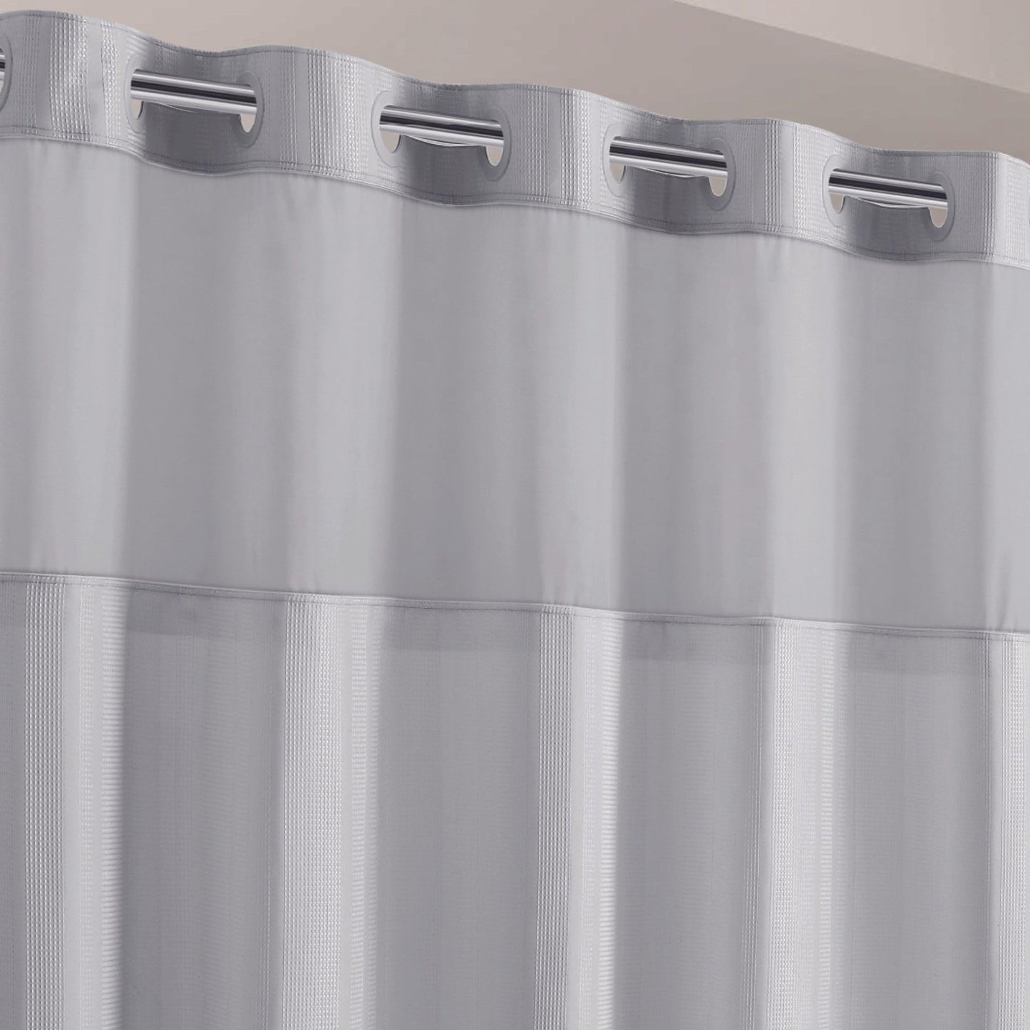 Hookless It’s A Snap! Waffle Stripe Shower Curtain, 2-in-1 Shower Curtain Includes Fabric Shower Curtain with Sheer Top Window and Flex-On Rings, Liner Compatible, 71” x 74”, Light Grey