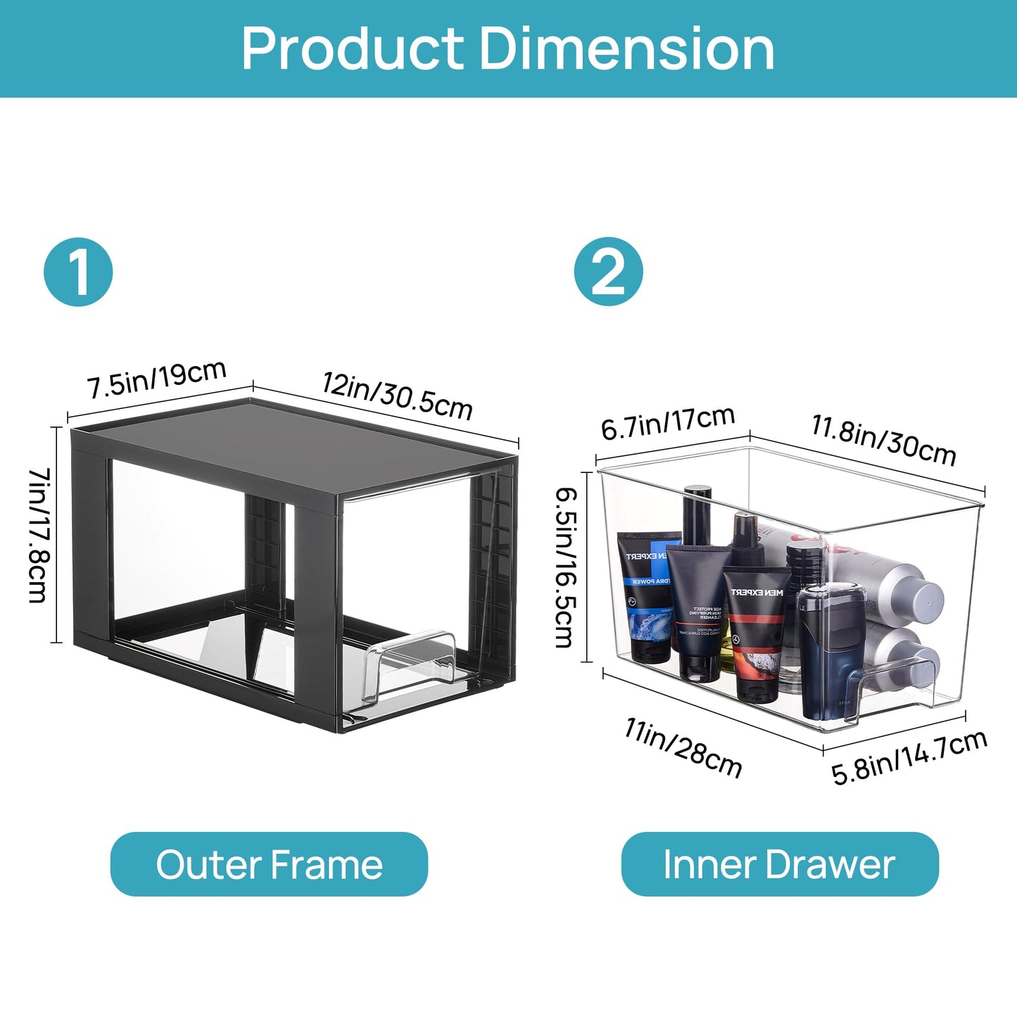 Vtopmart 4 Pack Large Stackable Storage Drawers,Black,Easily Assemble Acrylic Bathroom Closet Undersink Organizers and Storage,Plastic Bins for Kitchen Cabinets,Pantry,Makeup,Medicine Organization
