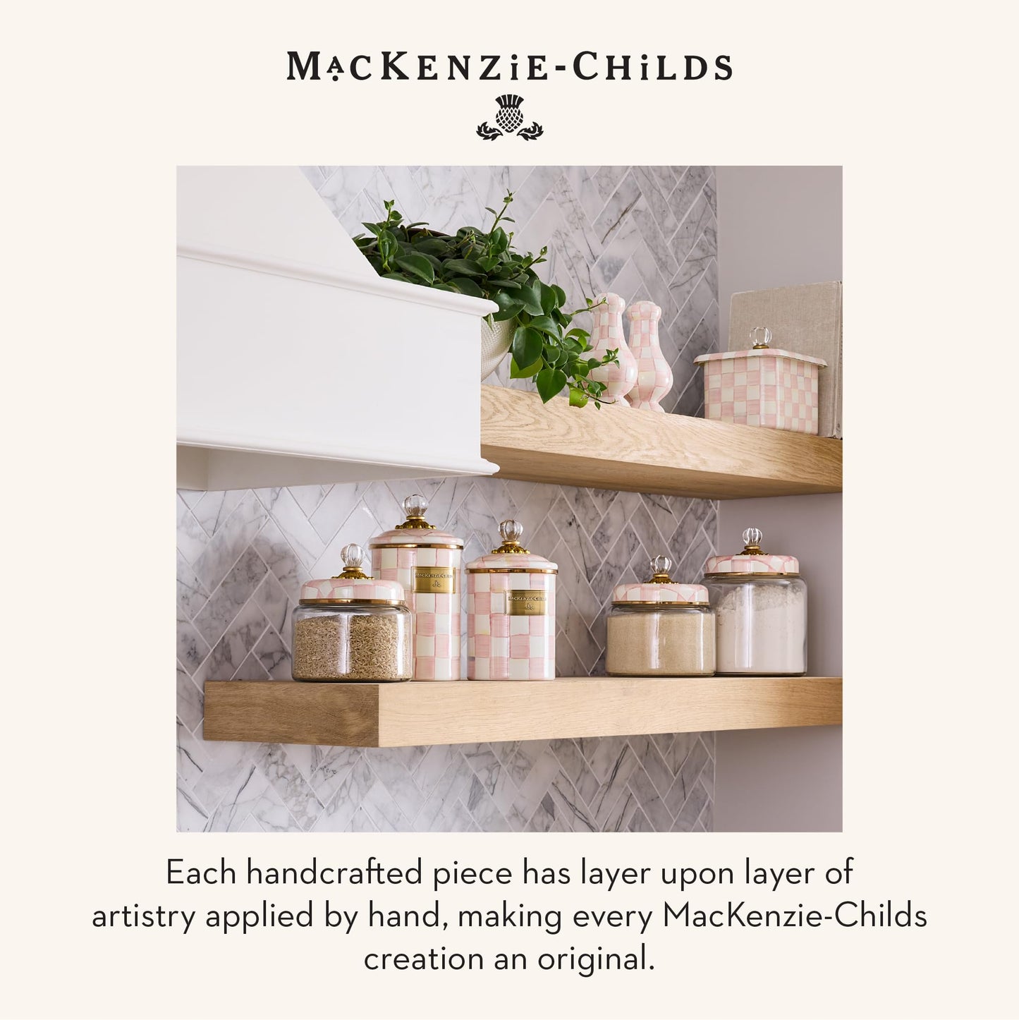 MACKENZIE-CHILDS Rosy Check Kitchen Canister, Decorative Pink-and-White Glass Storage Jar with Lid, Small