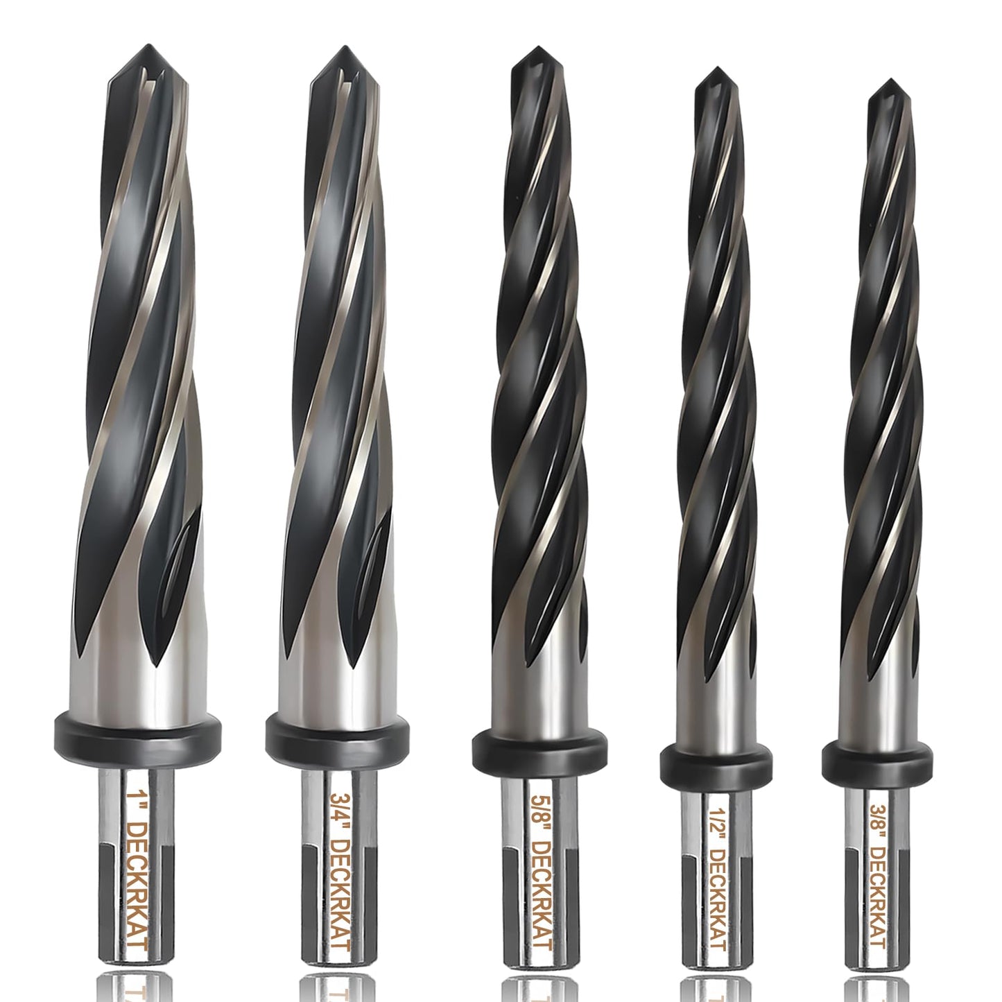 5-Piece 3/8", 1/2", 5/8", 3/4", 1" Reamer Drill Bit for Metal, M2 HSS Taper Reamer for Steel, Alloy, Wood, Plastic to Align, Enlarge Holes – 5-Spiral Flutes, 1/2" Non-Slip Shank, Construction Reamer.