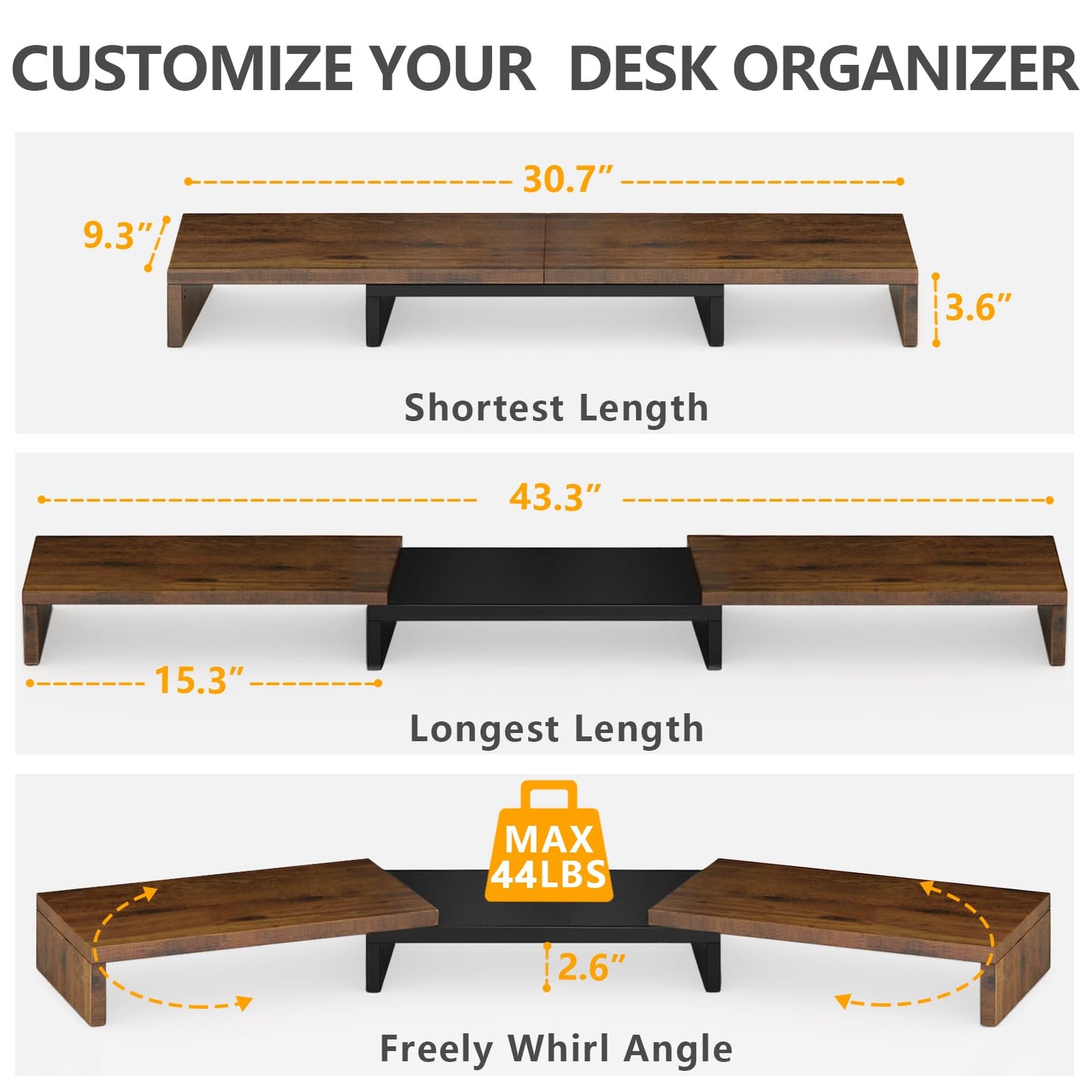 TAVR Dual Monitor Stand Riser, Computer Monitor Stands for 2 Monitors, Extra Long Multifunctional Wooden Desktop Organizer Riser for Computer, Laptop, PC, Printer, TV, Max 43.3" Length, Rustic Brown