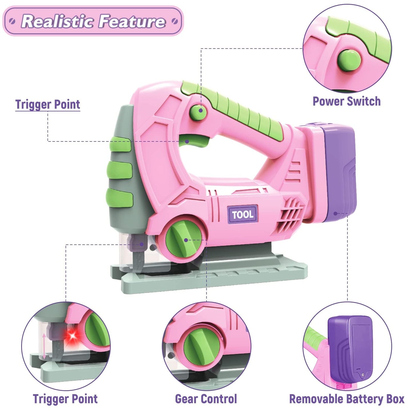 EP EXERCISE N PLAY 18 Pieces Kids Tool Set Pretend Play Construction Tool Accessories with a Tool Box Including Toy Electric Drill (Pink+), Medium, OYG606-3