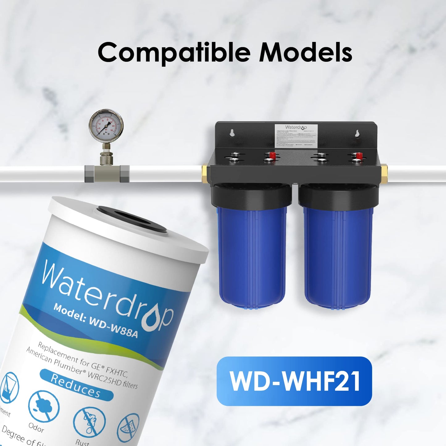 Waterdrop FXHTC Whole House Carbon Water Filter, Replacement for GE® FXHTC, GXWH40L, GXWH35F, Culligan® RFC-BBSA, American Plumber W10-PR, W10-BC, WRC25HD, 10" x 4.5" Cartridge, 5 Micron, Pack of 3