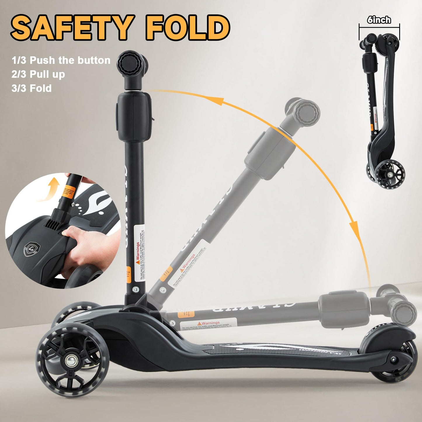 GLAMUP Kick Scooter Adjustable Height Adjustable Handlebar，Kids Scooter 3 Wheel with LED Lights，Suitable Kids Ages 2，Ages 6，Ages 8，Extra Wide Deck for Boys and Girls, Black