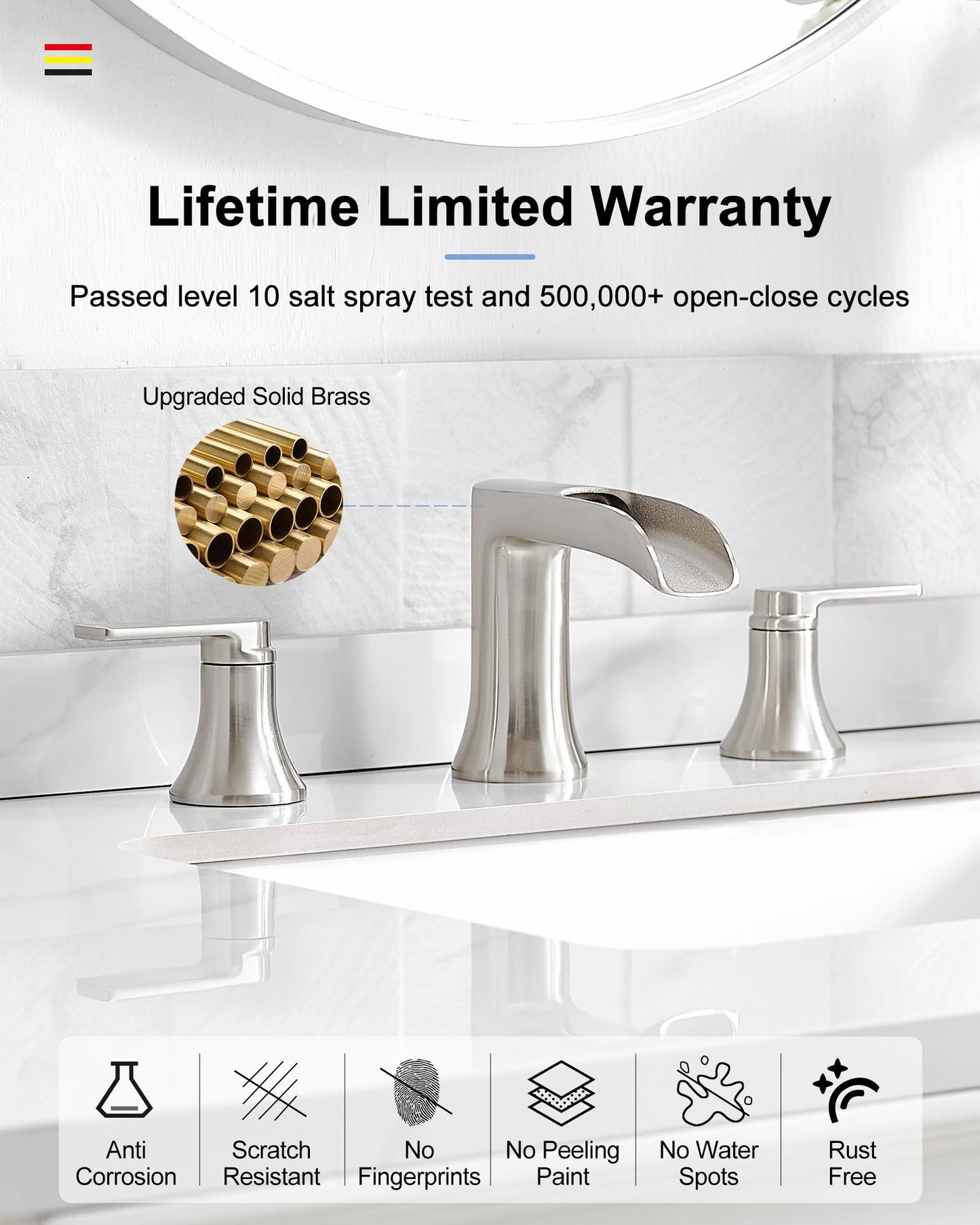 HOIGY Brushed Nickel Widespread Bathroom Faucet, 2 Handles Waterfall Faucet, Bathroom Faucets for Sink 3 Hole, 8 Inch Solid Brass Bathroom Sink Faucets for Vanity Lavatory Restroom with Pop Up Drain