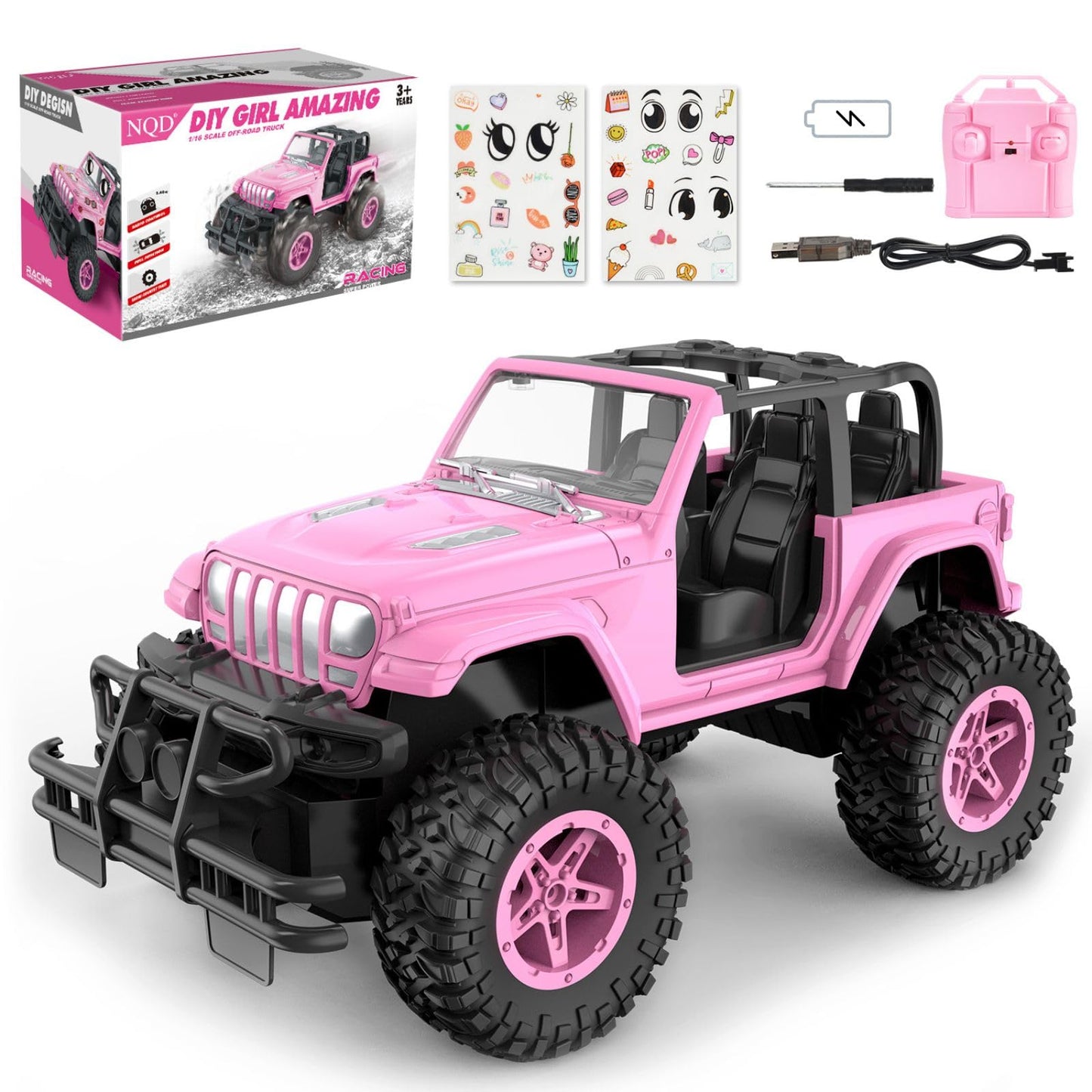 NQD Remote Control Car, Rechargeable RC Racing Cars with Stickers 1:16 Scale, 80 Min Play, 2.4Ghz Off Road Trucks All Terrain Toys Gifts for 3-Year-Old Girls