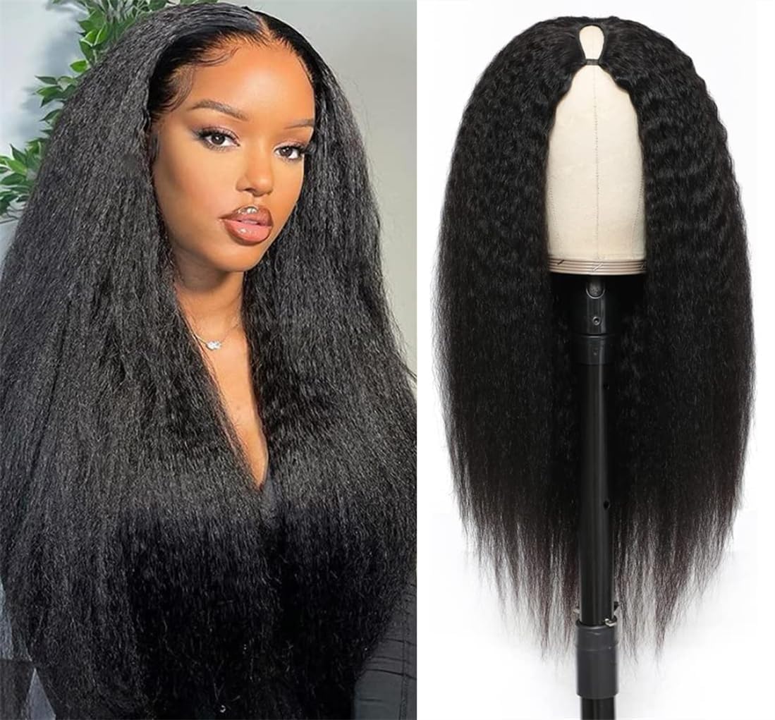 LOVFIR V Part Wig Human Hair Kinky Straight 180% Density No Leave Out V Part Wigs Upgrade U Part Human Hair Wig Yaki Straight V Part Wigs For Black Women Human Hair V Shape Wig 16 Inch