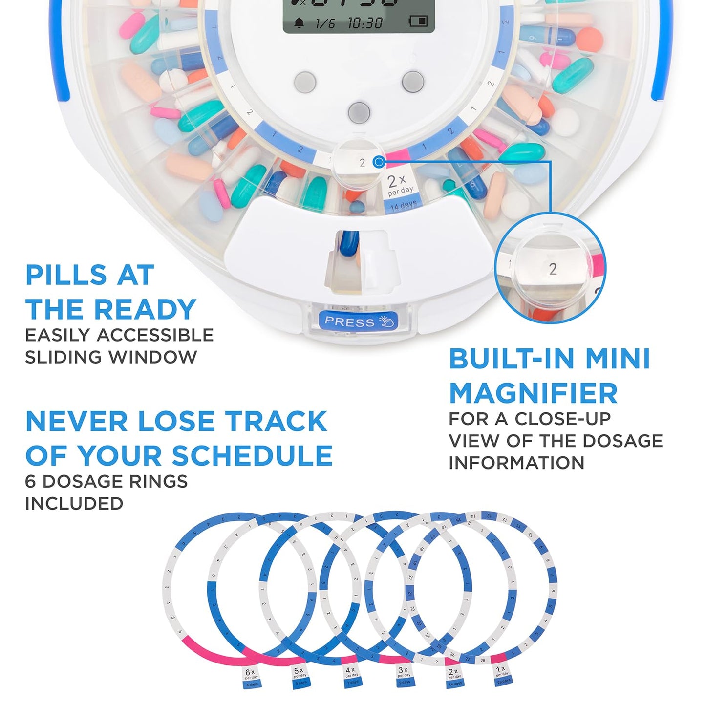 LiveFine Automatic Pill Dispenser with 28-Day Electronic Medication Organizer, 6 Dosage Rings, LCD Display with Sound & Light Alerts, Key & Magnifying Glass for Prescriptions, Vitamins & Supplements
