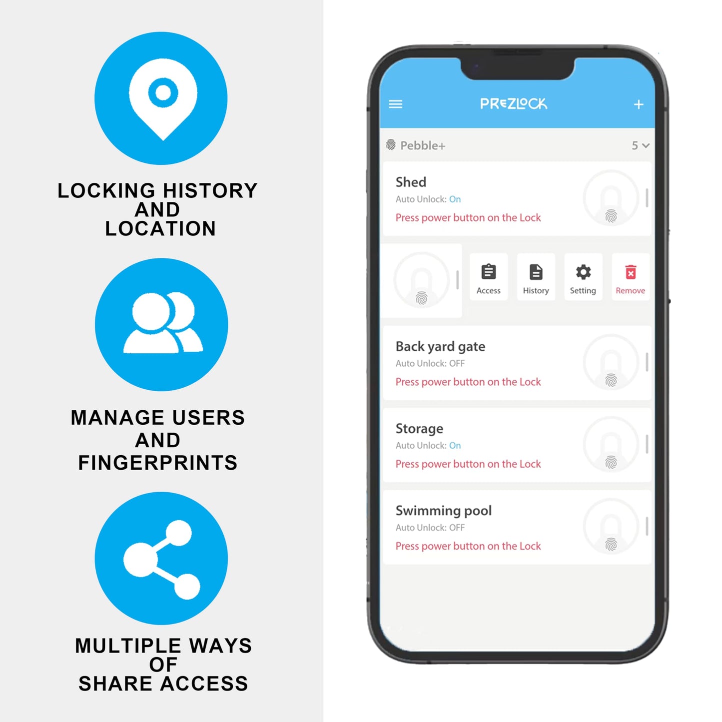 Prezlock Smart Fingerprint Padlock with Key, Biometric Padlock with APP, Suitable for Outdoor and Heavy Duty, IP65 Waterproof.
