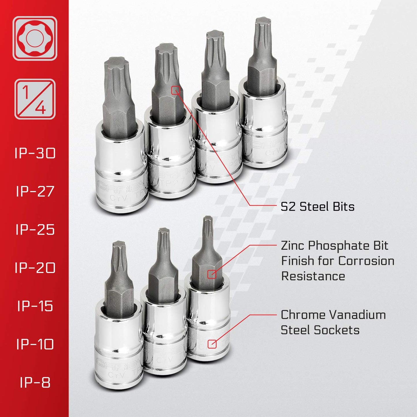CARBYNE 13-Piece Torx Plus (aka 6 Lobe) Bit Socket Set, TP-8/IP-8 to TP-60/IP-60, S2 Steel Bits, CRV Sockets | 1/4 in., 3/8 in., & 1/2 in. Drive