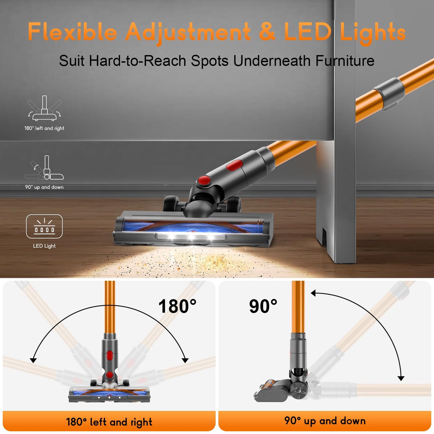 BSNAW Cordless Stick Vacuum Cleaner - Rechargeable, 35Kpa Powerful Vacuums with Detachable Battery, LED Display, 45Mins Runtime, 8 in 1 Handheld Vacuum for Hardfloor & Carpets Pet Hair, Blue