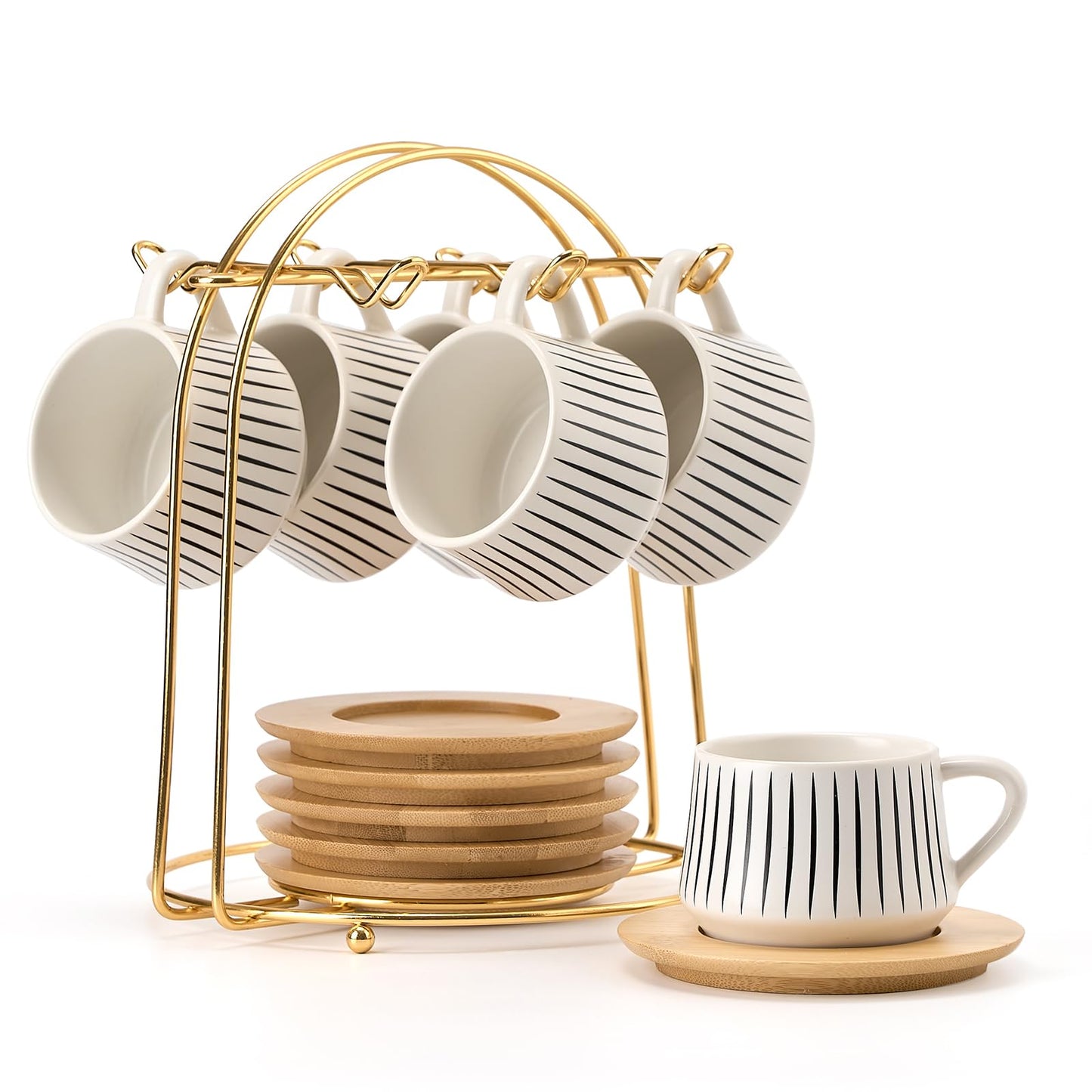 LUKA Ceramic Coffee Espresso Cups with Saucers Set with Metal Holder, 4 oz Porcelain Demitasse Cups For Tea, Espresso, Latte, Coffee, Cafe Mocha, Set of 6, White