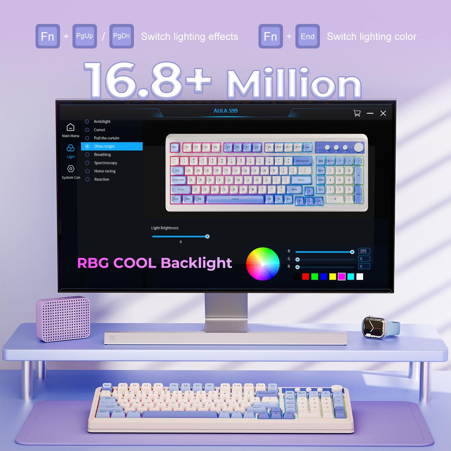AULA 99 Key Keyboard, Tri-Mode Bluetooth/2.4GHz/USB-C Cute Creamy Gaming Keyboard with Number Pad RGB Backlit, Media Knob Custom Mechanical Feel Computer Keyboards for MAC Xbox PC Gamer - Purple