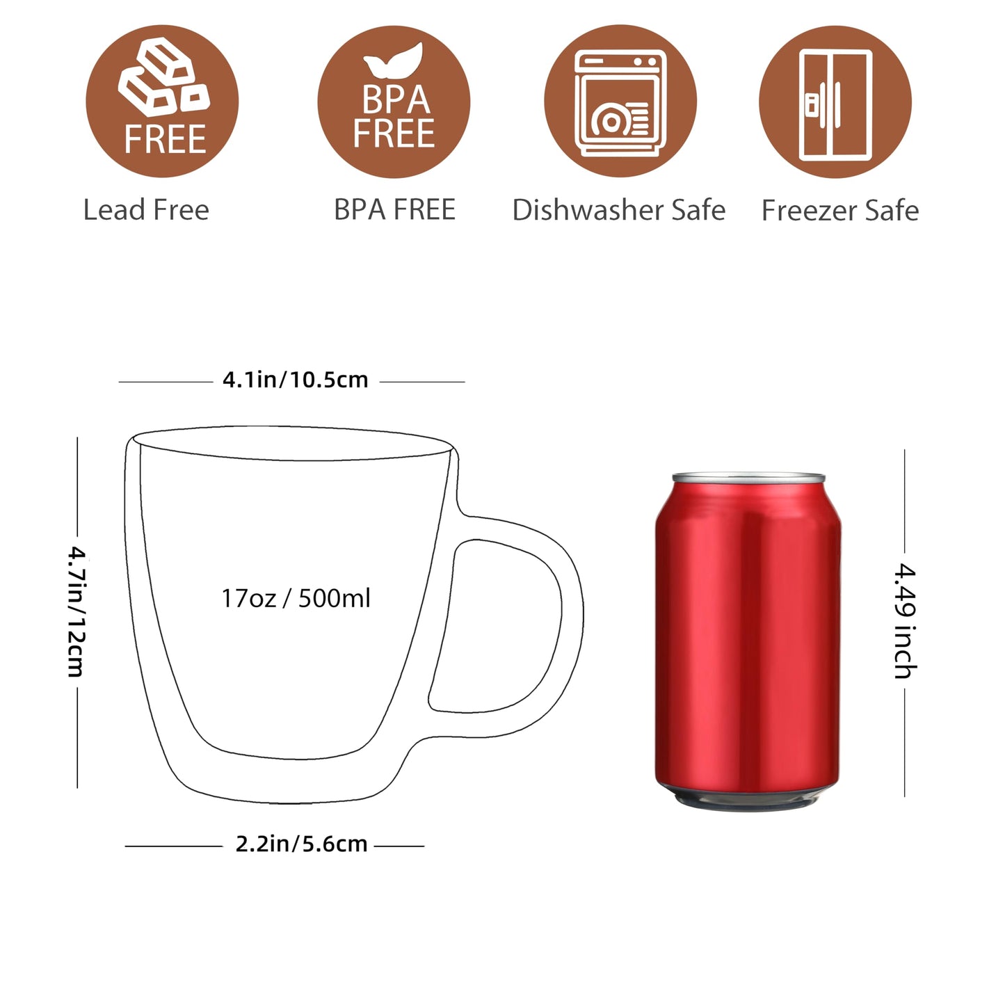 CNGLASS Large Glass Coffee Mugs 17oz,Double Walled Insulated Clear Coffee Cups with Handle,Clear Espresso Mugs for Cappuccino,Latte,Tea Bags,Hot and Cold Beverages,Set of 4