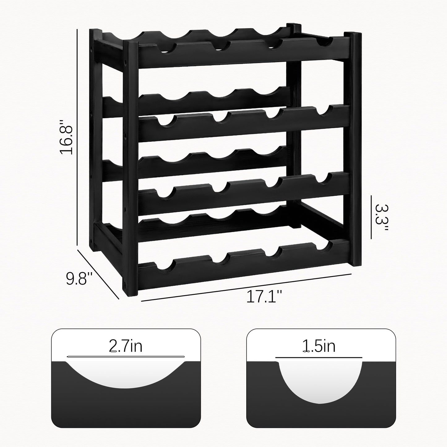 VASMIA Wine Rack, 4-Tier Bamboo Wine Racks Countertop,Sturdy and Durable Wine Storage Cabinet Shelf,16 Bottles Wine Holder for Kitchen Pantry, Black