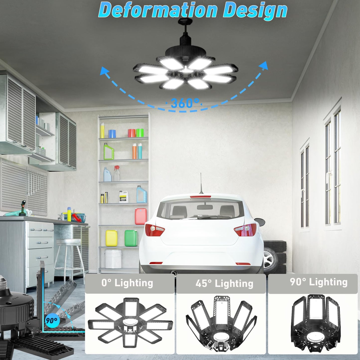 Garage Light 6 Pack - 240W 24000LM 6500K Garage Lights Ceiling LED with 8+1 Deformable Panels, E26/E27 Screw Socket in LED Shop Light for Workshop, Basement, Gym, Barn, Warehouse etc Bay Lighting