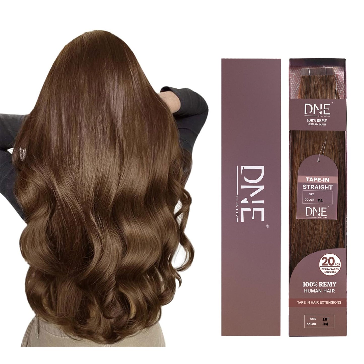 DNE Tape in Hair Extensions Real Human Hair 18 inches 20Pcs/50g/Pack Seamless #4 Medium Brown Dark Color Straight Invisible Double Sided Tape in Hair Extensions for Women/Girls Can Be Curled and Dyed