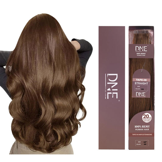 DNE Tape in Hair Extensions Real Human Hair 18 inches 20Pcs/50g/Pack Seamless #4 Medium Brown Dark Color Straight Invisible Double Sided Tape in Hair Extensions for Women/Girls Can Be Curled and Dyed