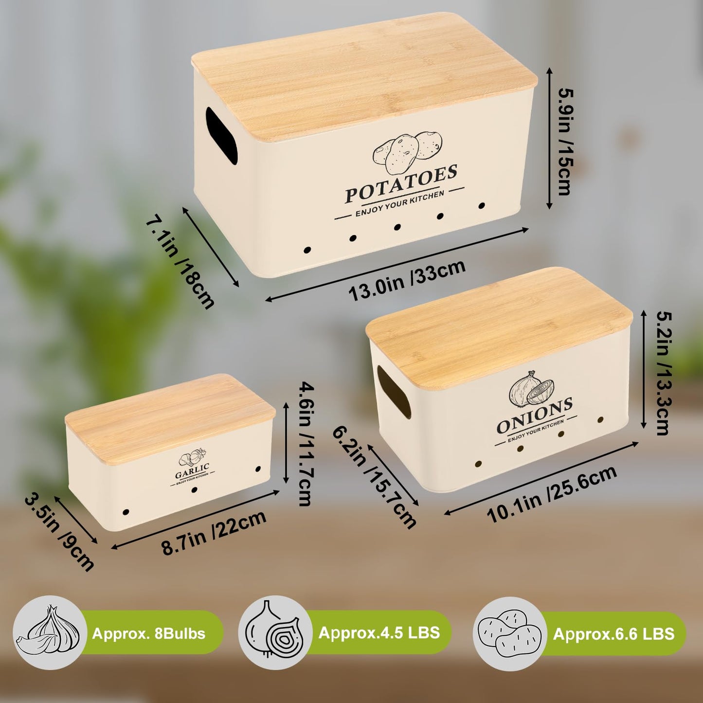 Dekosilave Kitchen Vegetable Storage Set of 3, Metal Onion Garlic Potato Storage Set, Kitchen Canisters Vegetable Keeper Containers with Aerating Holes and Wooden Lid (Beige)