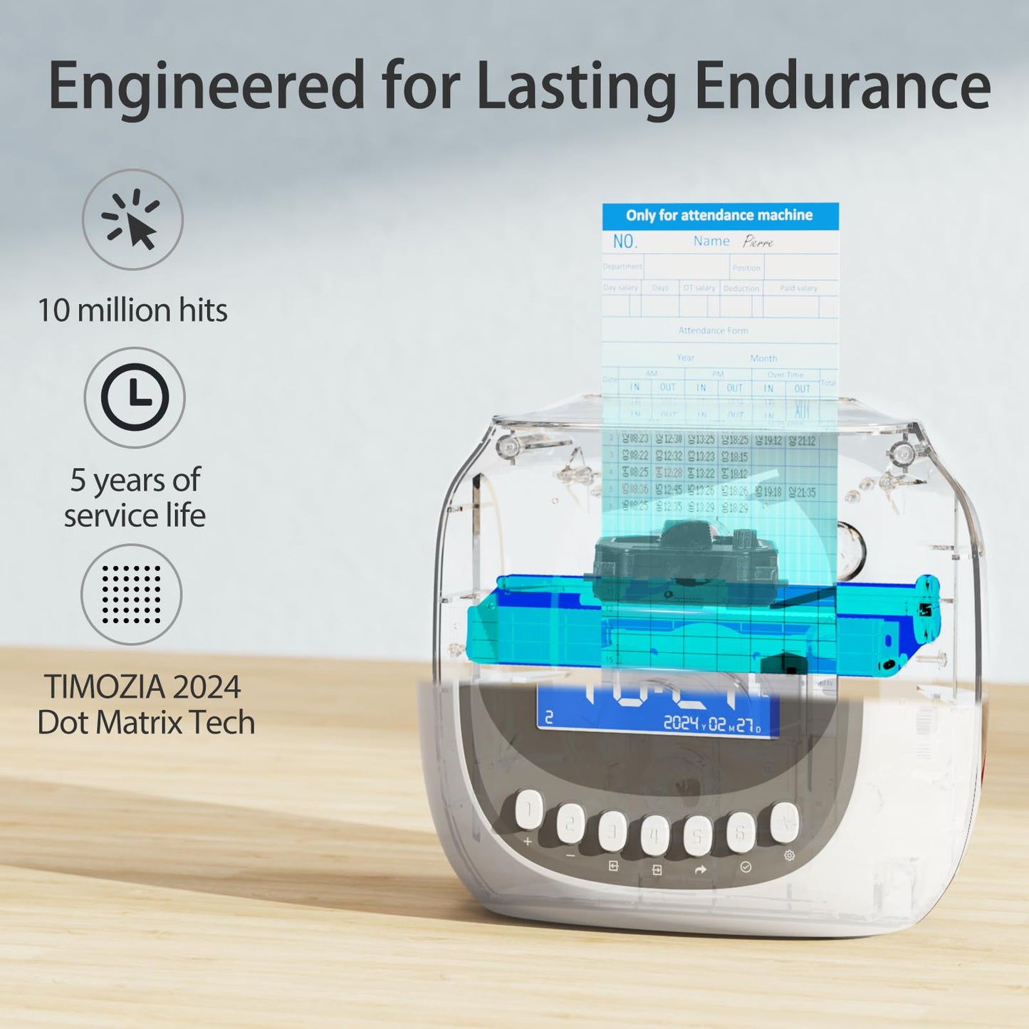 TIMOZIA Time Clocks for Employees Small Business, Auto-Align Time Clock, 6 Punches per Day Time Machine, Clock in Machine for Employees with Time Cards, 2 Ink Ribbons and White with 50 Cards