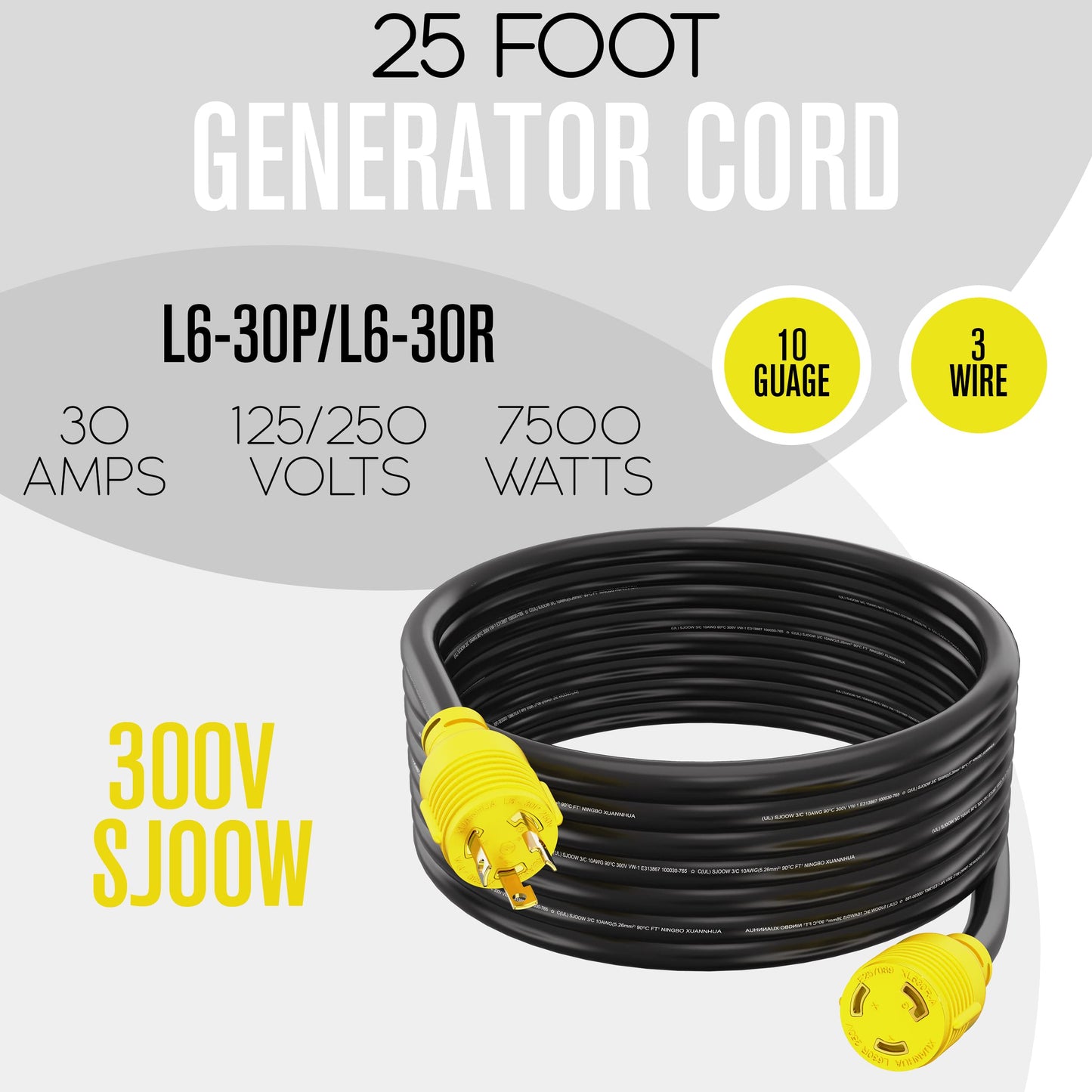 Houseables 30 Amp Generator Cord, L6-30 Extension Cord, L6-30R, L6-30P, Generator Cable, 3 Prong, 250V Extension, 30amp, NEMA, Twist Lock, Power Cable, House, RV, Heavy Duty, 10 Gauge, 250 Volt, 25 FT