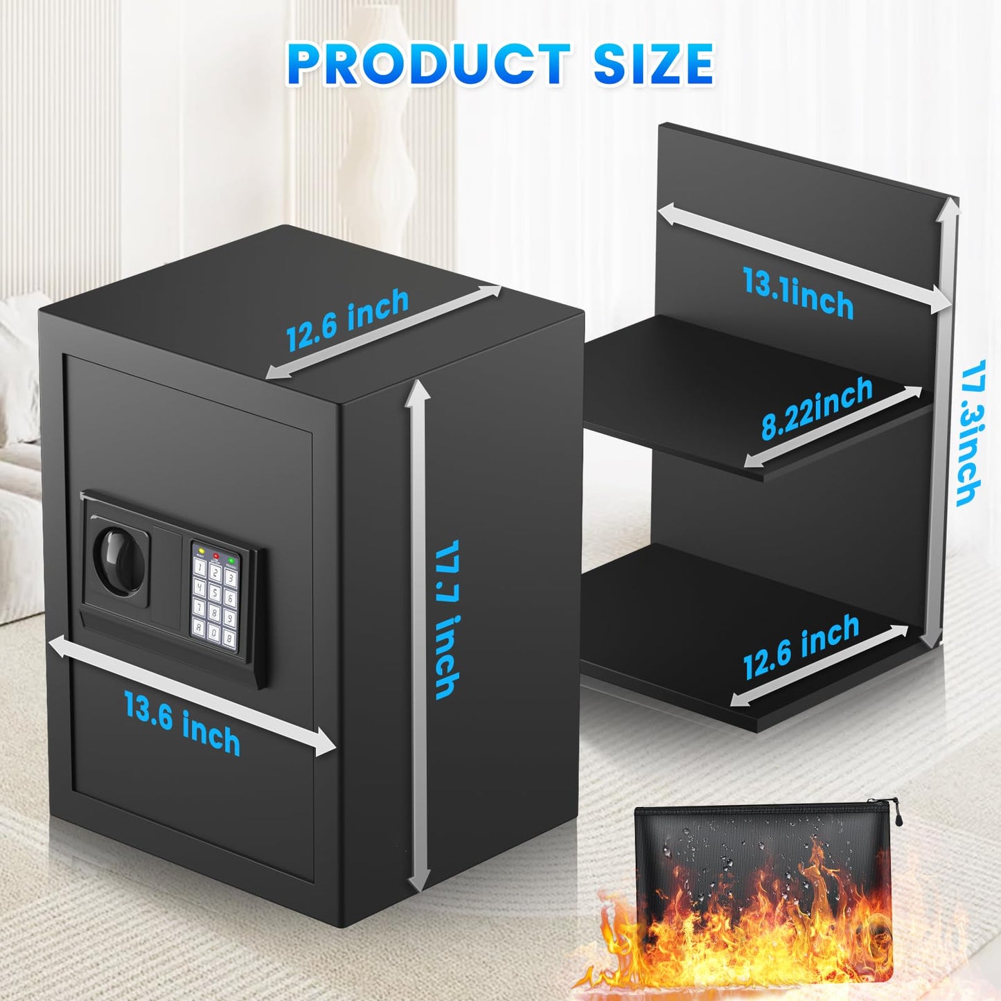 3.3 Cuft Safe Box, Home Safe with Fireproof Waterproof Bag, Anti-Theft Digital Security Lock Box with Smart Alert System, Removable Shelf, Mute Function, Personal Document Safes for Money Jewelry