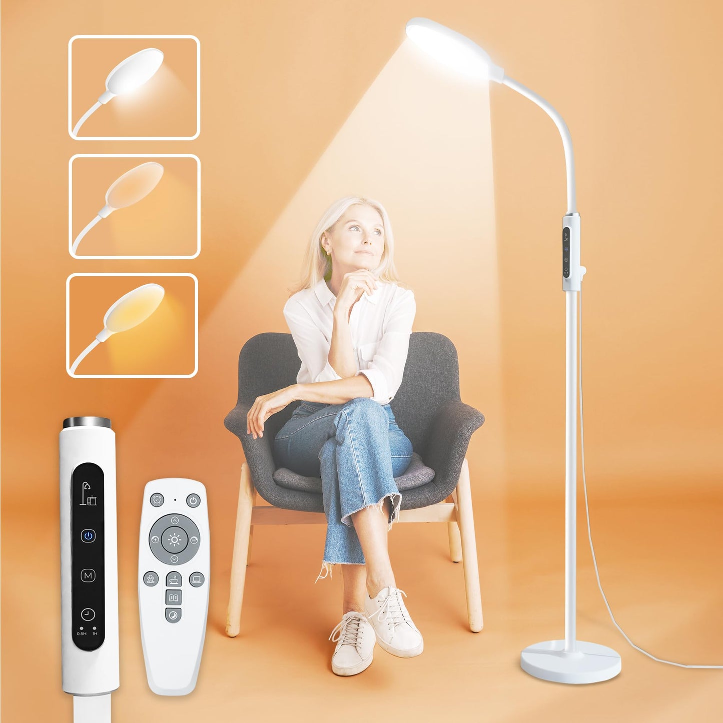PRIMETEK Happy Light 10000 Lux Mood Lamp, Dual Control Remote,Touch Screen Sad Lamp, Adjustable LED Floor Lamp, UV-Free Sun Light, 5 Color Temperatures 10 Brightness Levels Happy Lights