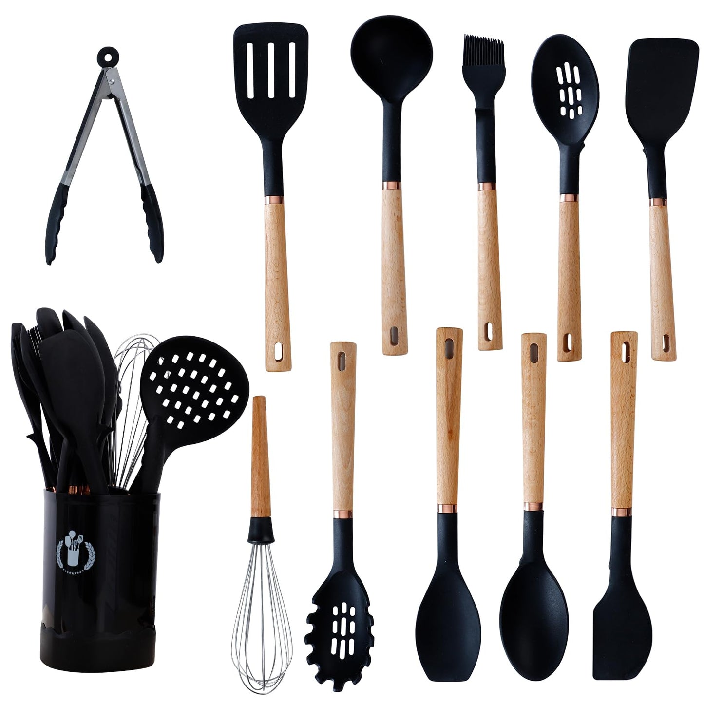 Jiufei Home Silicone Cooking Utensils Set, Kitchen Utensils Set 13 Pcs for cooking, BPA Free Spatula Set with Heat Resistant Wood Handles for Nonstick Cookware (Black)